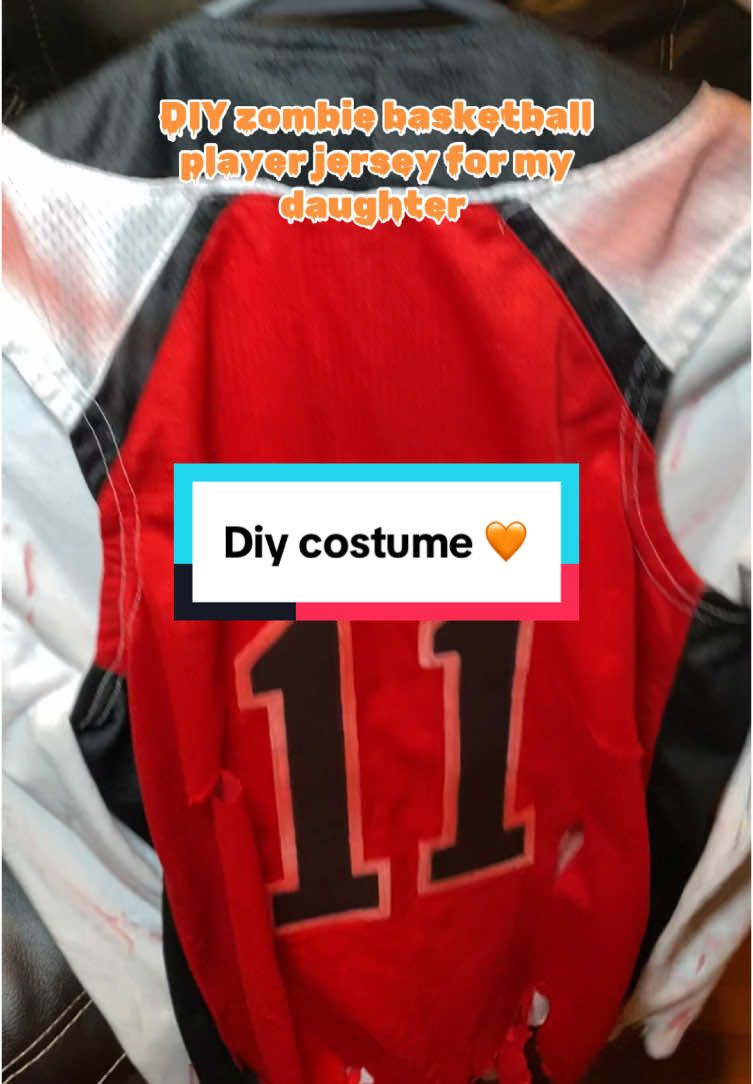 My daughter wanted to be a zombie basketball player so this is what i came up with 🧡🧡 *i got the white shirt from Walmart $3 and the jersey 4.98$ at goodwill.  #diycostumeideas #zombie 