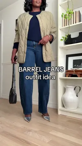 Love them or hate them, barrel jeans are hot right now. Will they be the one pair of pants we look nack and say “ What were we thinking?” I don’t know but I love like them. I have been on the hunt for the perfect and affordable Barrel jeans for the longest time. They are always too short or just not wide enough. I found these ones on sale for under $100 and the lenght is perfect for me. I am still playing around with styling them but here my first of many outfits. Hope you like it.  #jeansoutfit #falloutfits #plussizefashion #modestfashioninspo #outfitoftheday #plussizeworkwear #fitcheck #barreljeans #wearingvsstyling  Barrel Jeans anthropologie BARREL jeans Zara Barrel Jeans Canada Barrel jeans women  Fall outfit idea Plus size outfit idea Balloon style jeans Quilted khaky jacket  Metallic shoes outfit  Polene bag  Tall jeans outfit  What i wore today   Casual chic outfit  Top: @Sézane   jacket: @H&M   Pant:@gap  Bag: @polene_paris  Shoes: @ZARA  #creatorsearchinsights 