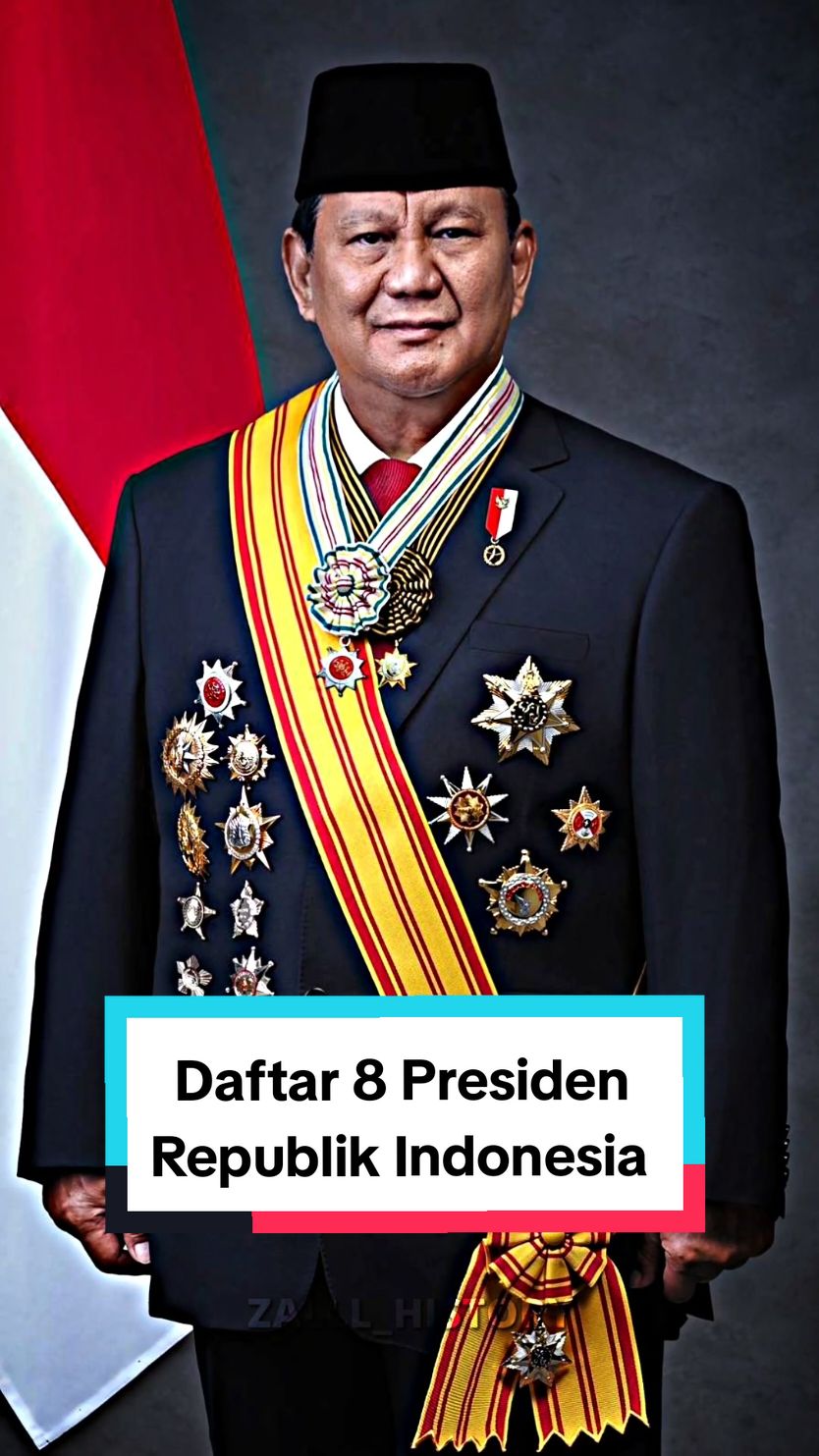 - 8 Presiden Republik Indonesia - 1. Dr. (H.C.) Ir. H. Soekarno Masa Jabatan ( 18 Agustus 1945 – 12 Maret 1967 ) 2. Jenderal Besar TNI Purn. H.M Soeharto Masa Jabatan ( 27 Maret 1968 – 21 Mei 1998 ) 3. Prof. Dr.-Ing. Ir. H. Bacharuddin Jusuf Habibie, FREng. Masa Jabatan ( 21 Mei 1998 – 20 Oktober 1999 ) 4. K.H Abdurrahman Wahid ( Gus Dur ) Masa Jabatan ( 20 Oktober 1999 – 23 Juli 2001 ) 5. Diah Permata Megawati Setiawati Soekarnoputri Masa Jabatan  ( 23 Juli 2001 – 20 Oktober 2004 ) 6. Jenderal TNI (HOR) (Purn.) Susilo Bambang Yudhoyono, GCB, AC, DK, DMN, DUT, GCL. Masa Jabatan ( 20 Oktober 2004 – 20 Oktober 2014 ) 7. Ir. H. Joko Widodo  Masa Jabatan ( 20 Oktober 2014 – 20 Oktober 2024 ) 8. Jenderal TNI (HOR) (Purn.) Datuk Seri H. Prabowo Subianto - Petahana - Mulai Menjabat ( 20 Oktober 2024 – ----- ) #faizaleditor_3 #presiden #indonesia #history #sejarahindonesia #sejarah #politik #nkri #soekarno #soeharto #bjhabibie #gusdur #megawati #sby #jokowi #prabowo #fyp