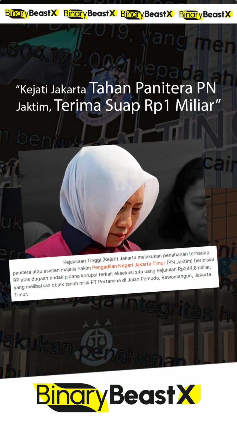 Kejaksaan Tinggi DKI Jakarta telah melakukan penahanan terhadap Tersangka RP atas dugaan tindak pidana korupsi terkait dengan eksekusi sita uang sejumlah Rp.244,6 miliar yang melibatkan obyek tanah milik PT. Pertamina. Tersangka RP, yang berperan sebagai Panitera di Pengadilan Negeri Jakarta Timur pada 2020-2022, diduga menerima suap sebesar Rp.1 miliar dari Terpidana AS. Atas perbuatannya, Tersangka RP diduga melanggar Pasal 12 huruf b, Pasal 11, dan Pasal 12 huruf B Undang-Undang Republik Indonesia Nomor 3 Tahun 1999, yang telah diubah melalui Undang-Undang Republik Indonesia Nomor 20 Tahun 2001 tentang Pemberantasan Tindak Pidana Korupsi Atas Perubahan Atas Undang-Undang Republik Indonesia Nomor 31 Tahun 1999 tentang Pemberantasan Tindak Pidana Korupsi. #kejatidki #kejaksaanri #korupsi #tomlembong 