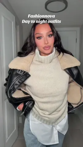Love a @FashionNova turtle neck for day and night!! Product details:  Day outfit: Tres Chic Poplin Shirt, Positive Energy Turtleneck Sweater, Cooler Days Jacket, Step Waistband Crossover Jeans & Coolest Girl On The Block Handbag Night outfit: Big Reveal Faux Leather Skirt Set & Myra Mock Neck Tank Top #fashionnova #tryonhaul #OOTD #ootn 