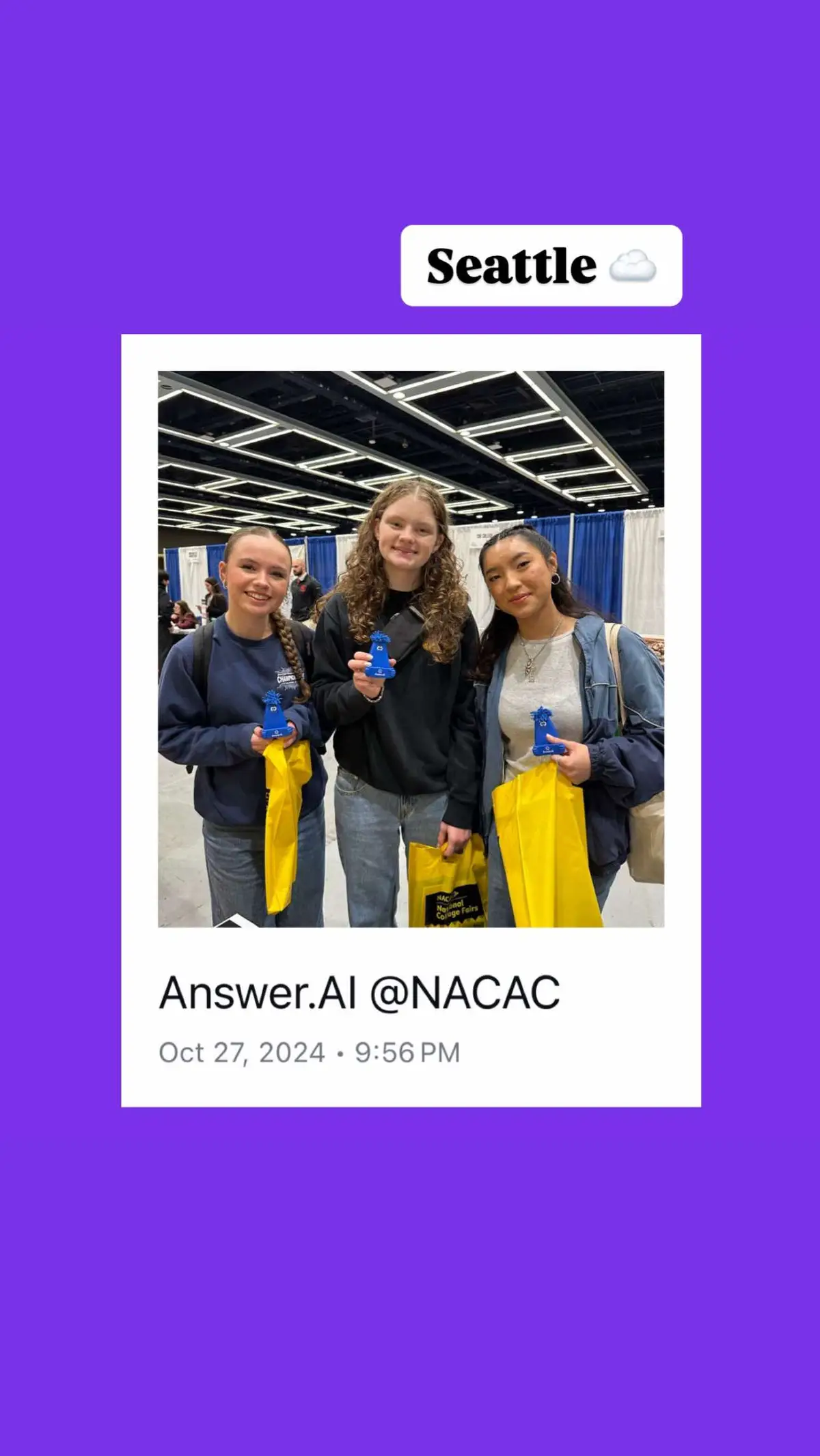 One day in SEA ☁️💜so much fun meeting and talking with our student users.  We will be hitting almost all cities this year with @nacacfairs. There will always be cute merch, student intern opportunities and more at our table. Hope to meet you in person🙌 #nacacfairs #collegefair #answerai #homeworkhelp #la #homework #ai #education