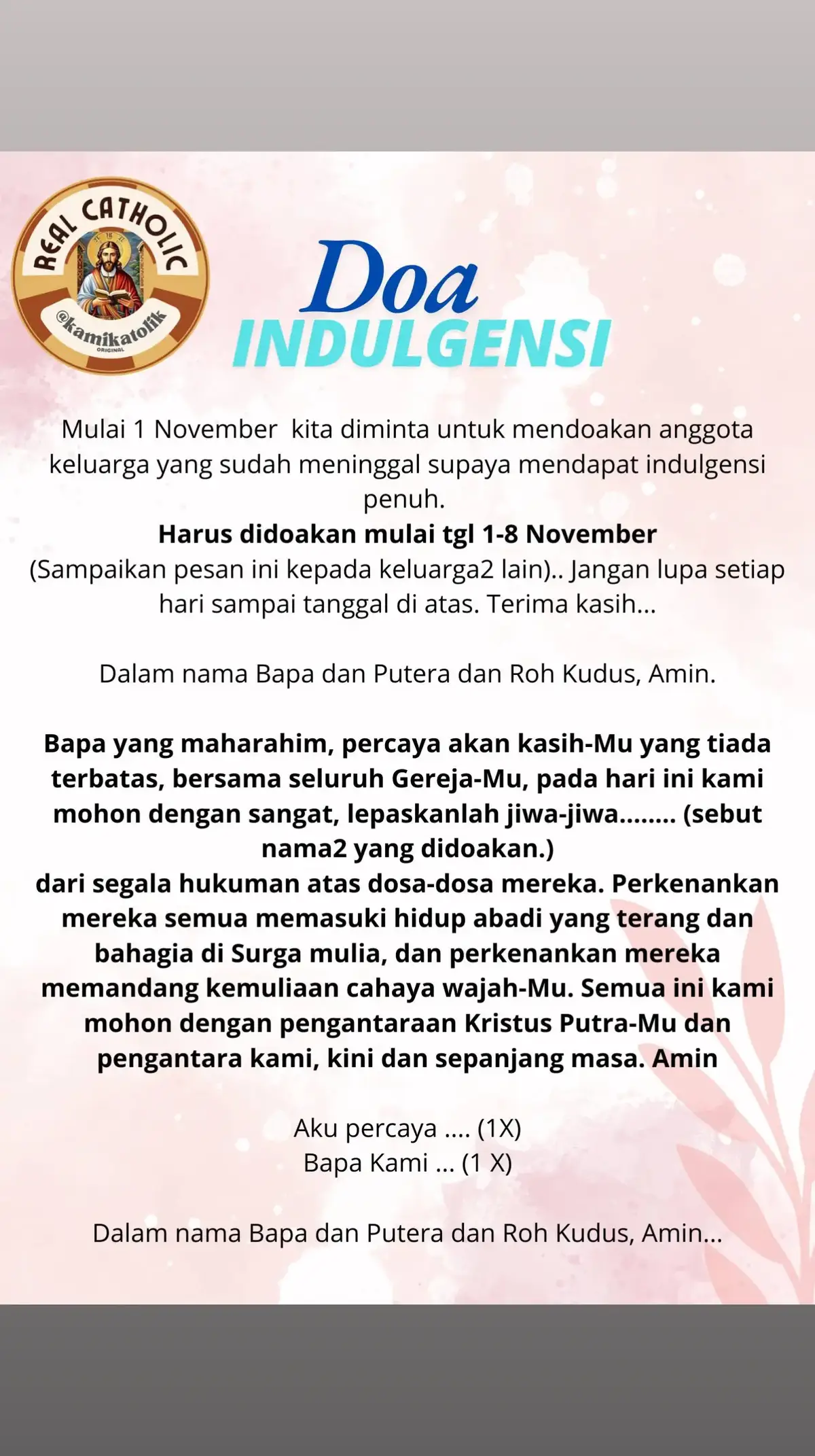 Tanggal 2 November tepat sehari setelah Hari Raya semua Orang Kudus ditetapkan sebagai Hari Pengenangan Arwah orang beriman.  Mari kita doakan seluruh keluarga, saudara dan handai taulan kita yang sudah meninggal.  #realcatholic  #indulgensi  #indulgensiarwah  #gerejakatolik  #ajarangereja  #banggajadikatolik  #katolikindonesia  #katolikku_keren  #katolikselamanya 