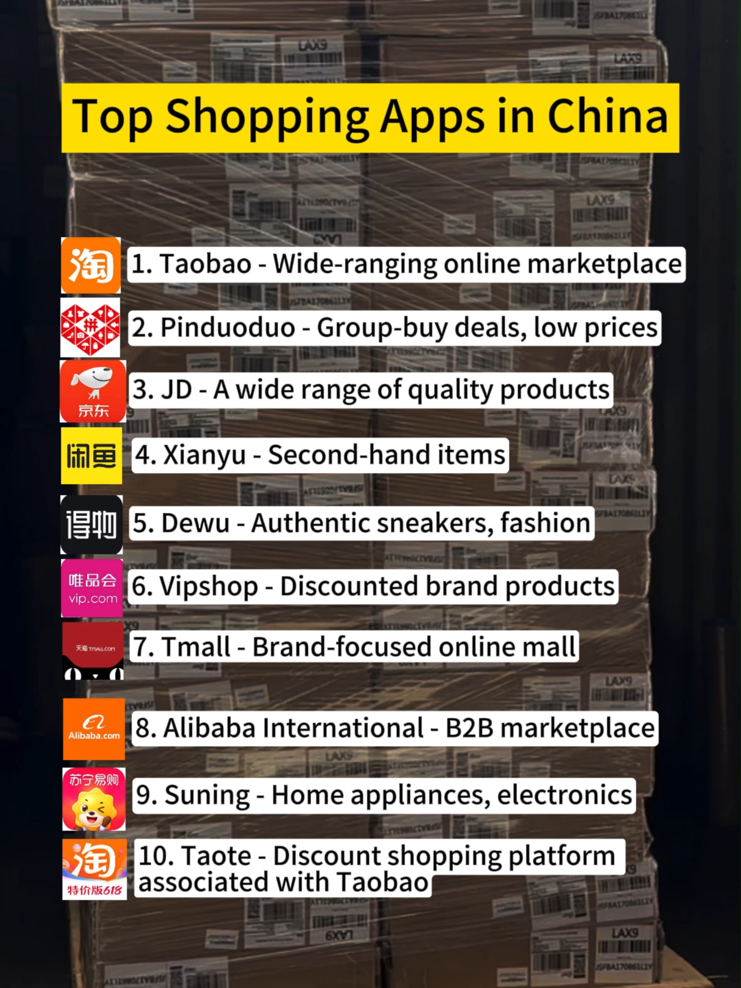 Top Shopping Apps in China 1. Taobao（淘宝） - Wide-ranging online marketplace 2. Pinduoduo（拼多多） - Group-buy deals, low prices 3. JD（京东） - A wide range of quality products 4. Xianyu（咸鱼） - Second-hand items 5. Dewu （得物）- Authentic sneakers, fashion 6. Vipshop（唯品会） - Discounted brand products 7. Tmall（天猫） - Brand-focused online mall 8. Alibaba International（阿里巴巴） - B2B marketplace 9. Suning（苏宁易购） - Home appliances, electronics 10. Taote（淘特） - Discount shopping platform associated with Taobao #china #import #sourcing#chinasourcing #taobao#madeinchina #chineseapp #chinaapp #alibaba