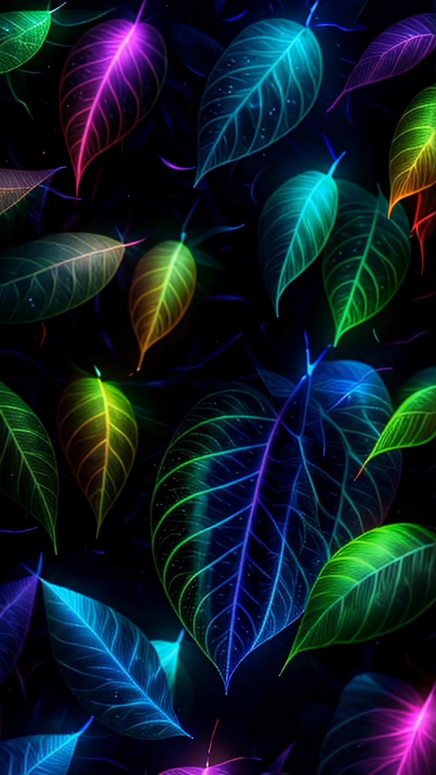 Neon Leaf Veins - Futuristic Glow: A captivating live wallpaper featuring leaves with luminous neon veins against a dark, shadowy background. Each leaf pulses softly in vibrant colors—electric green, vivid blue, and bold pink—illuminating their veins like delicate circuits. The gentle, heartbeat-like glow gives each leaf a futuristic, cyber feel, as though they're alive with electric energy, creating an otherworldly yet calming atmosphere on your screen. #AIWallpapers #LiveWallpaper #NeonGlow #CyberNature #FuturisticLeaves #DigitalBotany #ElectricGreen #VibrantBlue #BrightPink 