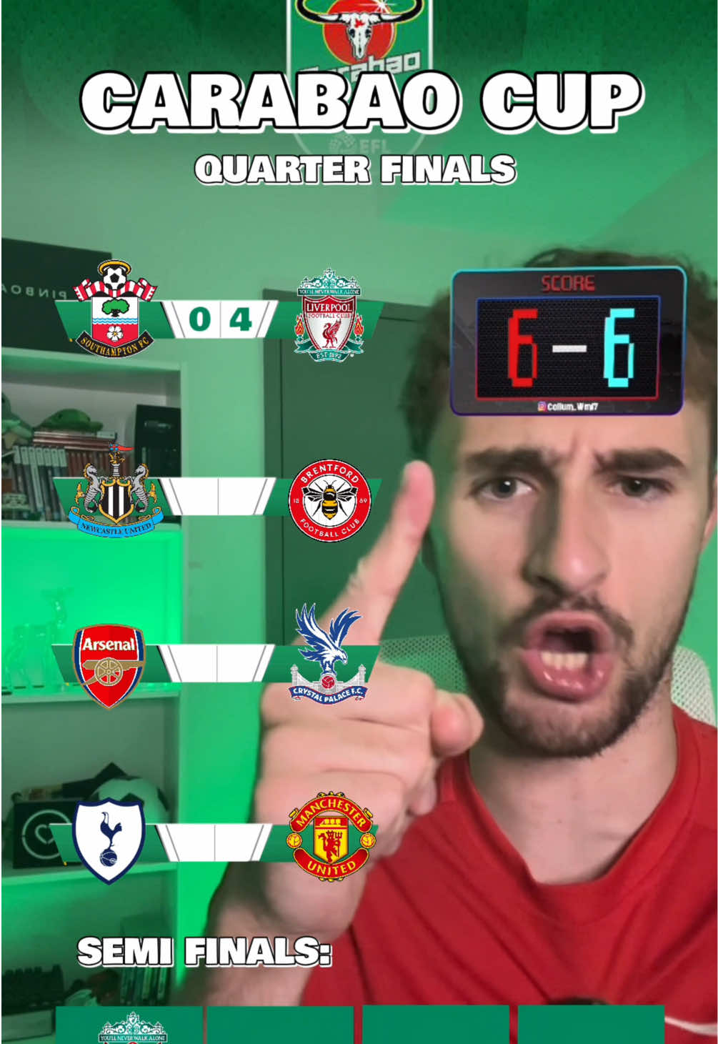 Carabao Cup quarter finals! WHO WILL MAKE IT TO THE SEMI FINALS 😨😳 #spurs #thfc #tottenham #mufc #crystalpalace #afc #arsenalfc #newcastleunited #brentford #southamptonfc #liverpool #lfc #carabaocup #callumwm