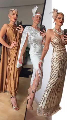 Help me choose my Halloween costume! 👻✨ Going full glam with these stunning vintage-inspired looks by @babeyond_official :  1️⃣Chic flapper in an elegant white dress with fringe and lace details, straight from the Roaring Twenties. 2️⃣ Sequins and stripes in a champagne gold gown, bringing all the glam and sparkle of the Jazz Age. 3️⃣ Golden goddess vibes in a flowing bronze gown, perfect for channeling old Hollywood. Which look is your fave? Drop a comment below! 
