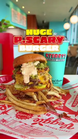 ✨ HUGE BURGER! ✨ Get the gigantic P.SCARY burger available at @Pterrys! 🤯 . 📍 P. Terry’s Burger Stand | 3302 Broadway St San Antonio, TX  78209 . 🌟 POV: You’re about to experience a flavor bomb 💣 The P. Scary Burger from P. Terry’s has FOUR fresh, all-natural, never-frozen Black Angus beef patties, FOUR slices of cheese, bacon, grilled jalapeños, and more—dripping with pure deliciousness! 🍔 . 🔥 Pro tip: I substituted their special sauce on the burger for their spicy special sauce! 🍟 I also added an order of fries and a drink - Dip those fries in the spicy special sauce and wash it down with an ice-cold @Dr Pepper🥤🤤 Tag someone who needs to try this!  . #pterrys #hugeburger #cheeseburger #Foodie #sanantonioeats #sanantonio #texas #eldereats #drpepper #spicy #foodchallenge #foodcritic #fyp 