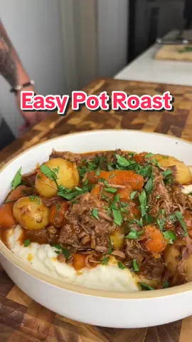 SAVE THIS Tastiest Pot Roast Recipe EVER 😍 (recipe 👇🏽) For more tasty high protein recipes just like this comment “cookbook” and I’ll send you the purchase link to my digital cookbooks! 😉  Macros per serving (x6 servings): approx 445 calories |59g P | 22g C | 14g F Ingredients 	•3.5 lb chuck roast 🥩, cut into chunks 	•Salt 🧂, pepper 🌶️, and garlic powder 🧄 	•1 tbsp avocado oil 🥑 	•2 large onions 🧅, chopped 	•5-7 garlic cloves 🧄, whole 	•1 tbsp tomato paste 🍅 	•1 tbsp beef-flavored Better Than Bouillon 🥣 (or substitute with 4 cups beef broth 🥣) 	•4 cups water 💧 (omit if using broth) 	•1 sprig rosemary 🌿 	•1 sprig thyme 🌿 	•1 lb baby potatoes 🥔 	•1 lb baby carrots 🥕 	•3 bay leaves 🍃 For Thickening 	•1 tbsp cornstarch 🌽 	•1/2 cup cold water 💧 Instructions 1.Season the Roast: Season the chuck roast chunks with salt, pepper, and garlic powder. 2.Sear the Meat: In a Dutch oven, heat 1 tbsp of avocado oil over high heat. Sear the roast on all sides until well-browned, then remove and set aside. 3.Cook the Veggies: Reduce the heat to medium. Add chopped onions and whole garlic cloves to the pot. Cook for about 5 minutes, until they begin to soften. 4.Add Tomato Paste & Bouillon: Stir in the tomato paste and beef Better Than Bouillon. Cook for another 3-5 minutes, allowing the flavors to blend. 5.Add Broth or Water: Pour in 4 cups of water (or broth if using). 6.Add Herbs & Veggies: Place the rosemary, thyme, baby potatoes, and baby carrots in the pot. Add the seared roast and bay leaves. 7.Bake: Cover and bake in a 350°F oven for approximately 3-4 hours, until the roast is fork-tender. 8.Make the Gravy: Remove everything from the pot. In a small bowl, mix 1 tbsp cornstarch with 1/2 cup cold water. Stir this mixture into the pot liquid over medium heat until it thickens. 	 9.Serve: Serve the pot roast hot with the thickened gravy, mashed potatoes or rice and enjoy! . . . . #icekarim #healthyrecipes #EasyRecipes #mealprep #quickrecipes 