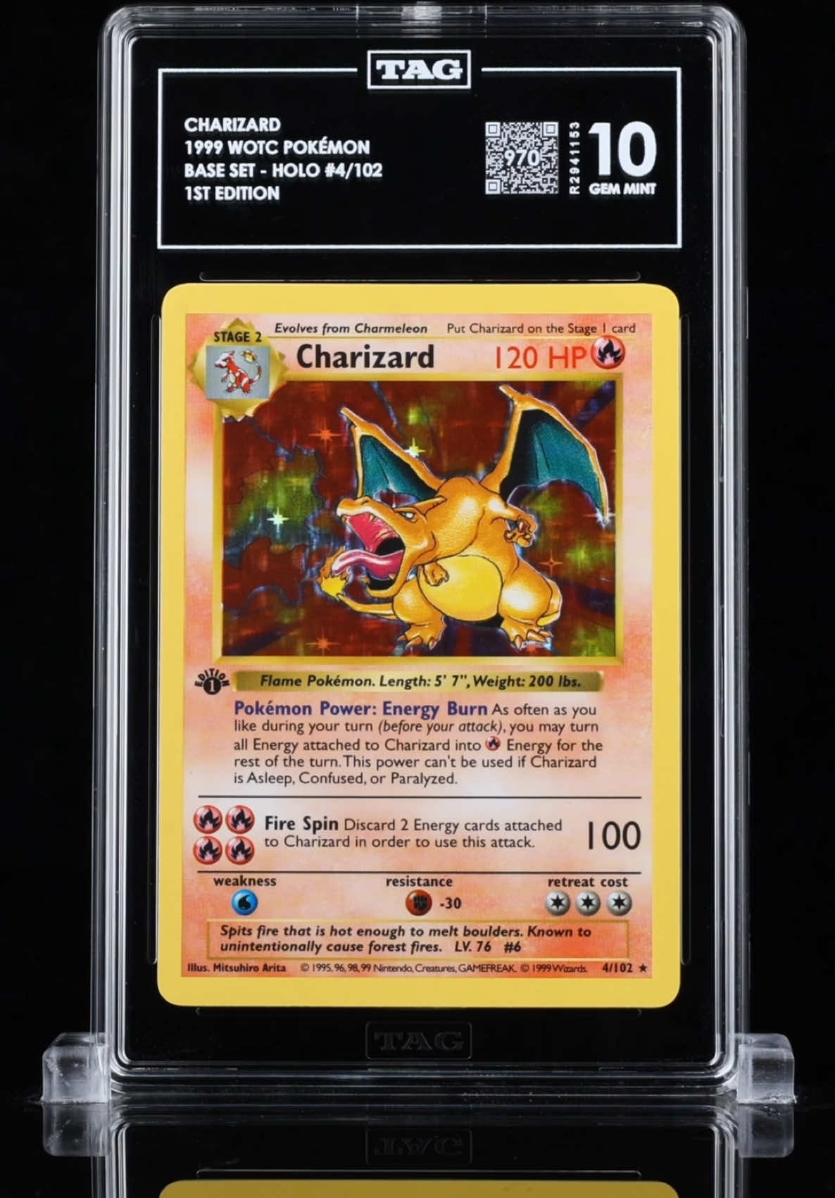 NEW CROWN GEM. A THIRD 1st Edition Shadowless Base Set Charizard has just graded a TAG 10 with a Score of 970, making it the new CROWN Gem Mint! This card has now taken the lead as the highest TAG Scoring 1st Ed Base Set Charizard in existence, overtaking the now RANK 2, 966. The last confirmed sale of a TAG 10 (960) was $150,000, and most recently a TAG 8 at $14,501. Transparent slabs, transparent grades. taggrading.com