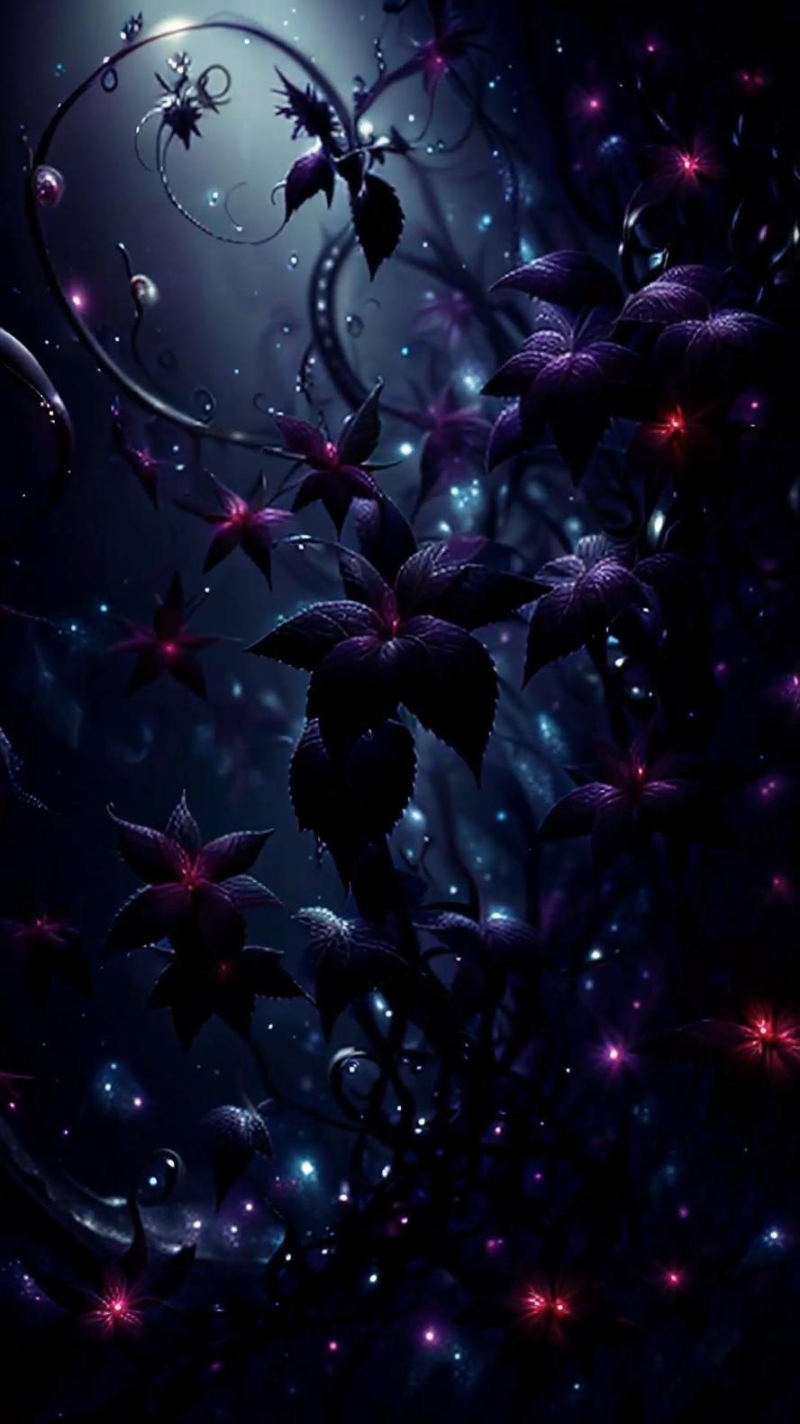 Enchanted Forest Vinework: These dark, twisting vines adorned with black and deep purple leaves wind through a mysterious, smoky backdrop. Here and there, tiny drops of dew glow gently in soft, eerie hues, illuminating the mist with a captivating luminescence. This wallpaper creates a foreboding yet fascinating ambiance, like an enchanted forest waiting to reveal its secrets. #AIWallpapers #LiveWallpaper #GothicVines #MysticForest #HalloweenAmbience #DarkNature #EnchantedGlow #EtherealMist #BotanicalGothic 