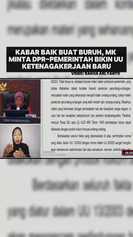 Mahkamah Konstitusi (MK) memerintahkan DPR dan pemerintah membuat UU baru tentang ketenagakerjaan. Hal itu tertuang dalam putusan terbaru MK tentang uji materi UU Cipta Kerja yang diajukan oleh Partai Buruh dan sejumlah organisasi buruh. MK juga meminta klaster ketenagakerjaan dikeluarkan dari UU Ciptaker. Setidaknya ada 7 tujuh isu tentang klaster ketenagakerjaan yang dibahas MK yaitu: 1. Tenaga Kerja Asing 2. Perjanjian Kerja Waktu Tertentu (PKWT) 3. Ali daya atau outsourcing 4. Cuti 5. Pengupahan 6. Ketentuan Pesangon 7. PHK #mk #mkri #mahkamahkonstitusi #uuciptaker #ciptaker #ketenagakerjaan #uu #buruh #partaiburuh #beritaterkini #news #update #suara