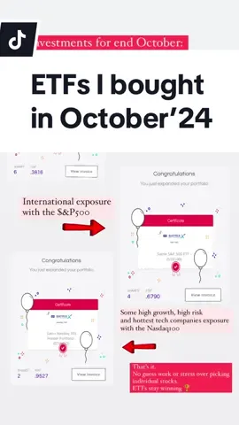 My Investments for end October. ETFs stay winning 🏆  No guess work or stress over picking individual stocks. A balance between local, international and high risk exposure. That’s it. No need to overcomplicate things. The most important thing when it comes to investing is consistency 📈📊💹 It’s not about timing the market, but your time in the market. The longer you stay invested the better. Did you invest in October?  NB: this is not financial advice, I’m just sharing my investment journey with you for educational purposes.  Encouraging you to start investing, with as little as R100. #investingforbeginners #investmentstrategies #investmentportfolio #stockmarket #stockmarketinvesting #satrixtop40 #sandp500indexfund #sp500index #snp500etf #nasdaq100 
