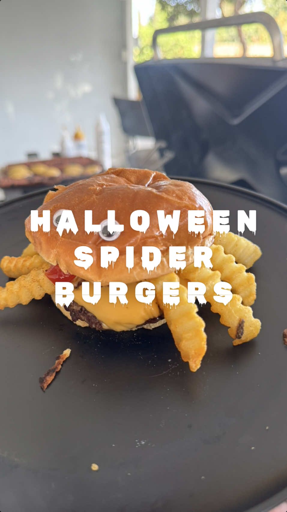 Halloween spider burgers were such a big hit with the kids. Made them quick before we headed out for the night. #halloween #halloweenfood #spiderburger #spookyfood #motherhood #EasyRecipe #toddlermeals #relatablemom #momlife #halloweenathome @Traeger Grills @Chosen Foods 