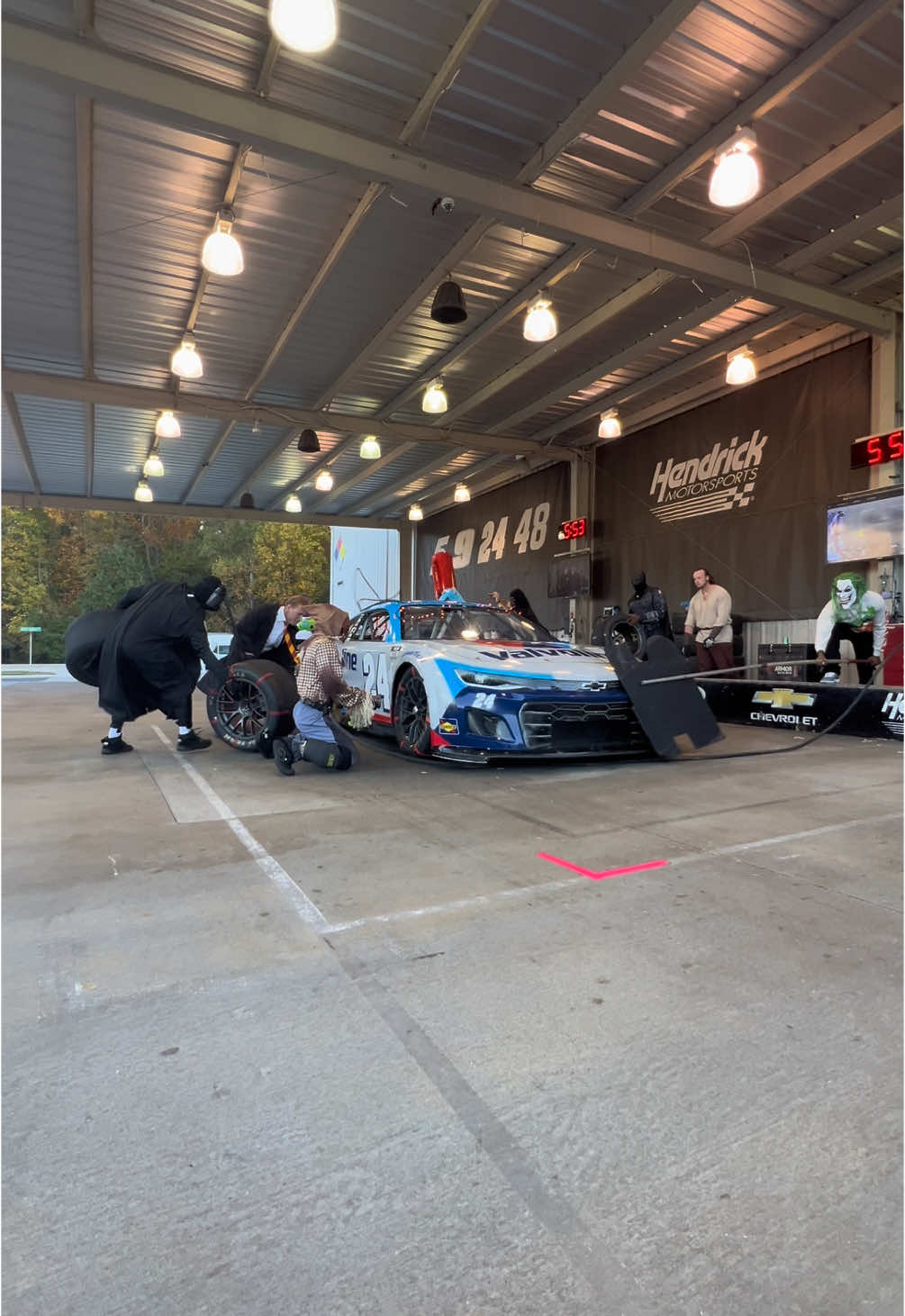 Even in these costumes, they've got wicked speed. #halloweencostume #nascar #pitstop 