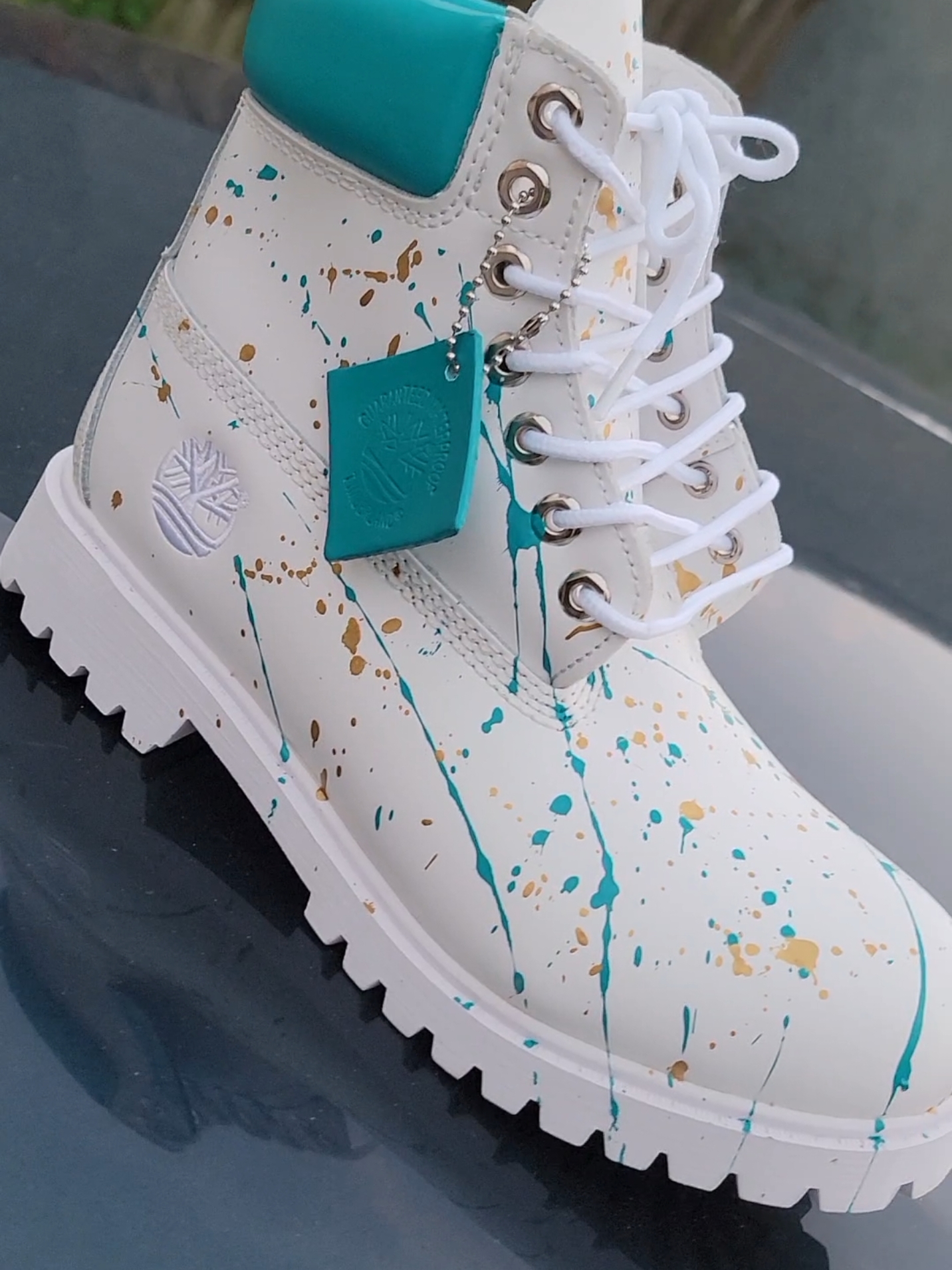 The Turquoise splash hit totally different  just made those for someone proposal  pictures/ videos are coming later 🟡🟢🟡🟢🟡🟢🟡🟢🟡🟢🟡🟢🟡🟢 #fyp  #custom  #sneakers  #boots  #viralvideo  #explore  #explorepage✨  #trending  #trendingvideo  #trendingsong  #viral_video 