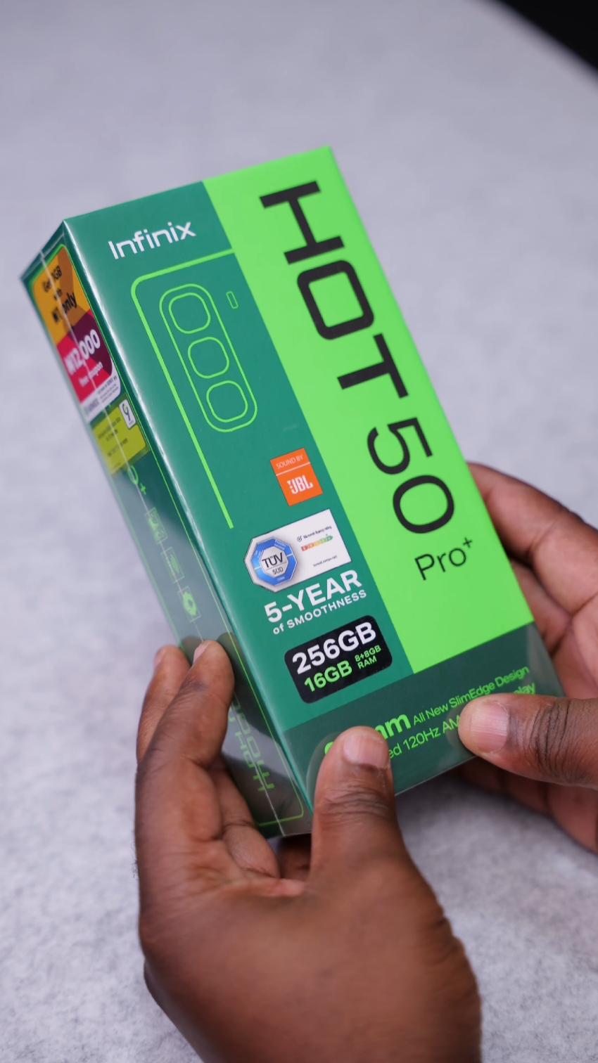 Infinix Hot 50 Pro+ 4G
 
 Price - N277,000 or $162
 
 Specs:
 - IP54 Dust and Splash Resistant
 - 6.78 inch 1080P AMOLED Display with 120Hz refresh rate 
 - Android 14 with up to 1 Major Android update
 - Mediatek Helio G100 (6 nm)
 - 50MP Main camera, 2MP depth Camera, 13MP front camera
 - Dual stereo speakers tuned by JBL
 - 5,000 mAh battery with 33 watts fast charge support #infinixhot50  #infinixhot50pro  #infinixhot50proplus  #infinixhot50series 