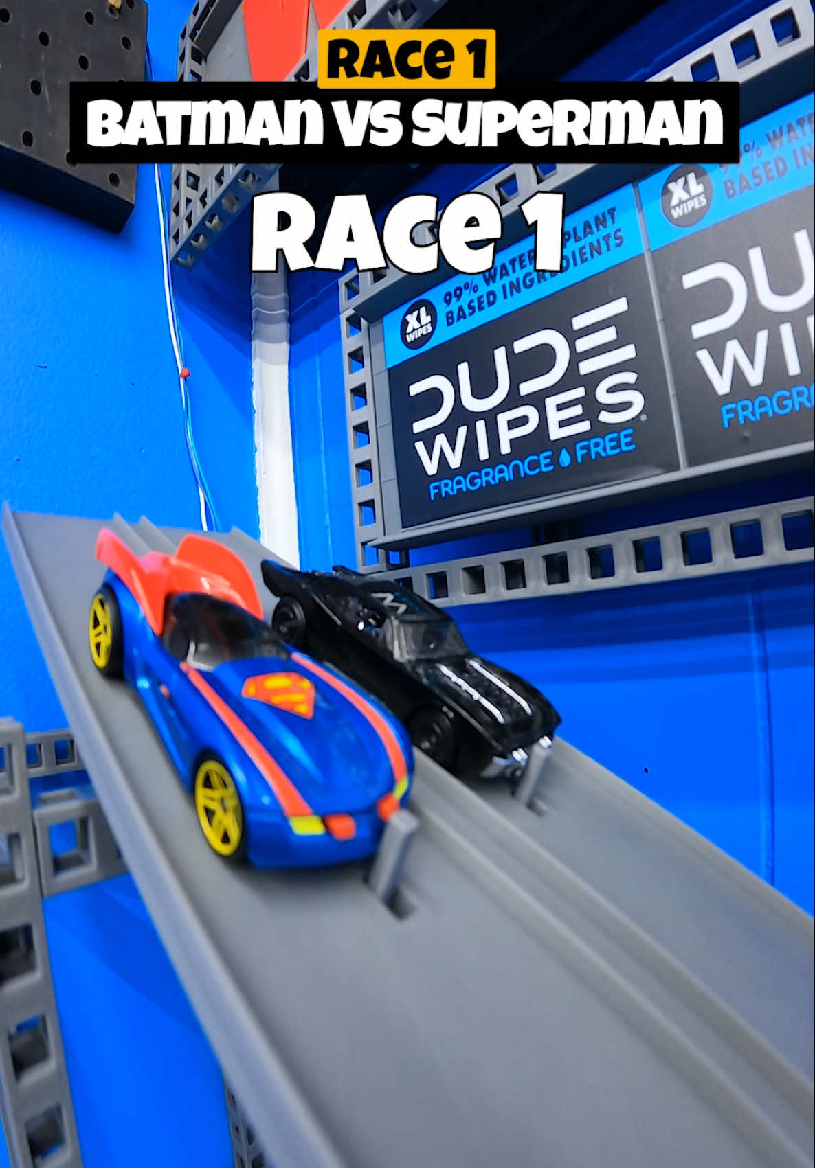 Batman Vs Superman! 💪 we need a race 2?  #batman #superman #dudewipes @dudewipes 