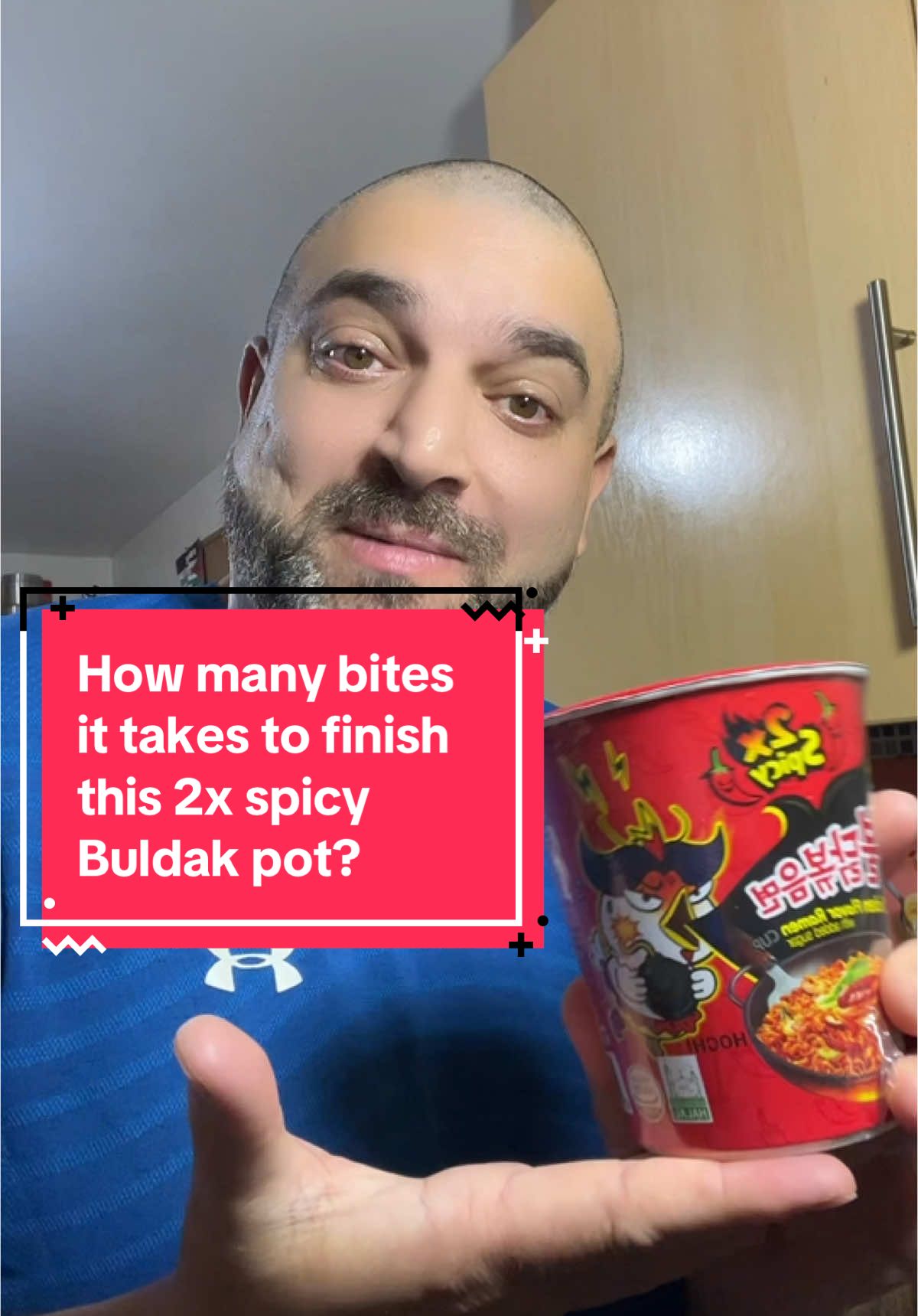 2x spicy Buldak noodle pot. How many bites to finish it? It took 4, try if you can beat me 😁 #2xSpicyBuldakNoodlePot #HowManyBites #VladimirFlitar 