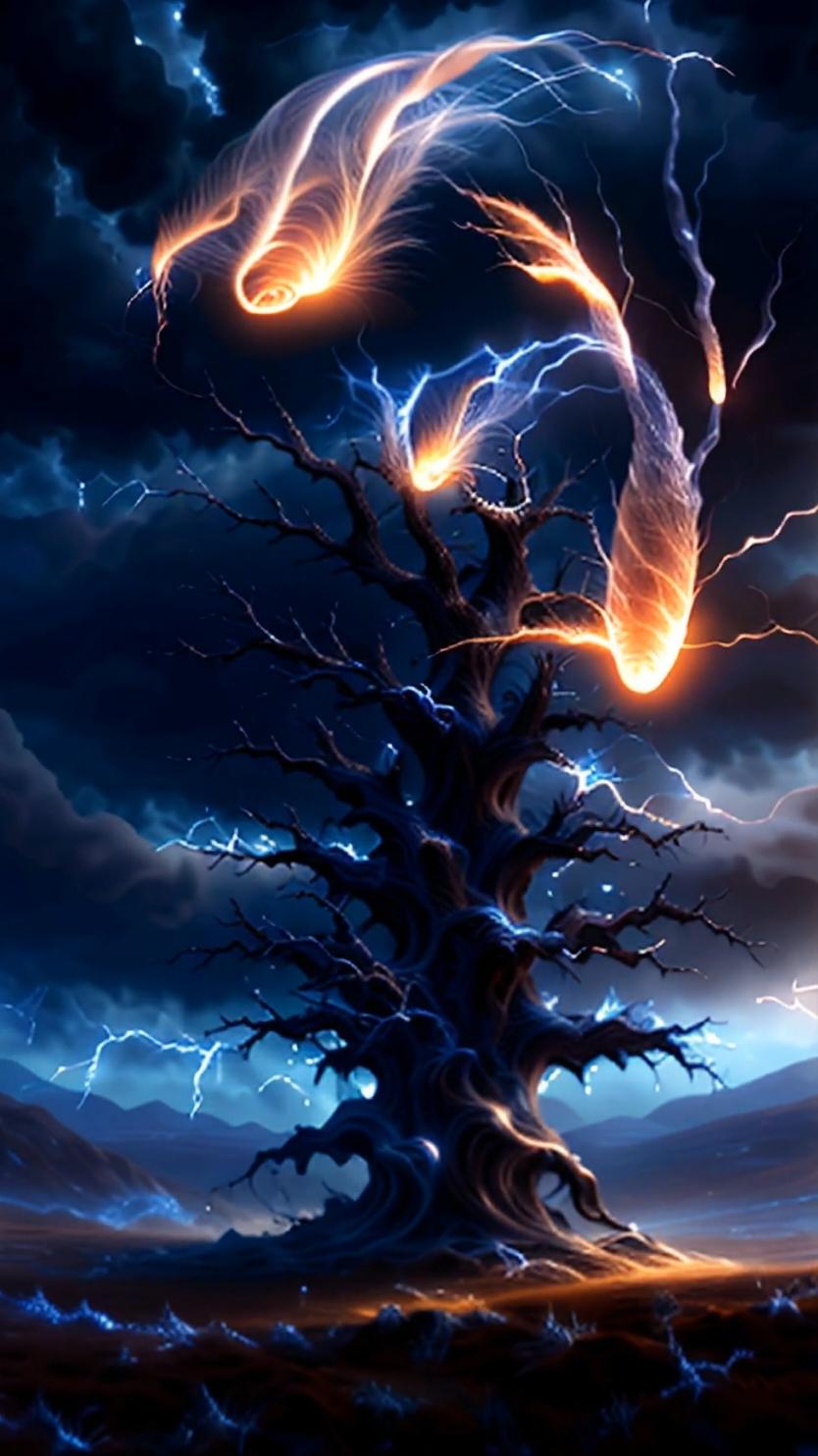 Thunder-Powered Tree with Ethereal Fish: On an isolated hill, a grand tree stands tall, its rough bark charged with lightning that dances through the branches. With every strike, residual energy crackles across its limbs, casting a pulsing glow. Around the tree, two ghostly fish, wisps of light and mist, float in a serene circle, their shapes shimmering with each flicker of electricity. The spirit fish seem to respond to the thunder’s energy, glowing brighter as if sharing a secret language with the tree, creating an aura of timeless mystique and ancient power. #MysticalScene #SpiritConnection #AncientPower #EtherealVisions #LightningLife #SacredTree #AIWallpapers #LiveWallpaper 