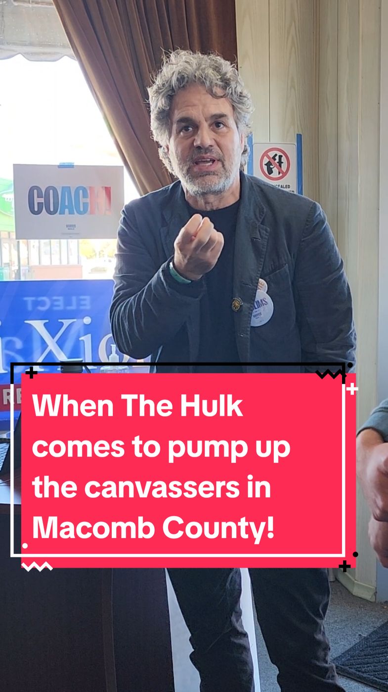 Mark Ruffalo stopped into the Michigan Democratic Office in Roseville to pump up the canvassers who were headed out to knock doors in Macomb County.  He spoke about Gaza and why @Kamala Harris is the best bet to get a ceasefire and a two-state solution. #stoptrump #swingstatevoter #kamalaharris2024 #harrisforpresident2024 #swingstate #democrats #markruffalo #gaza #ceasefirenow #TheHulk #brucebanner #macombcounty 