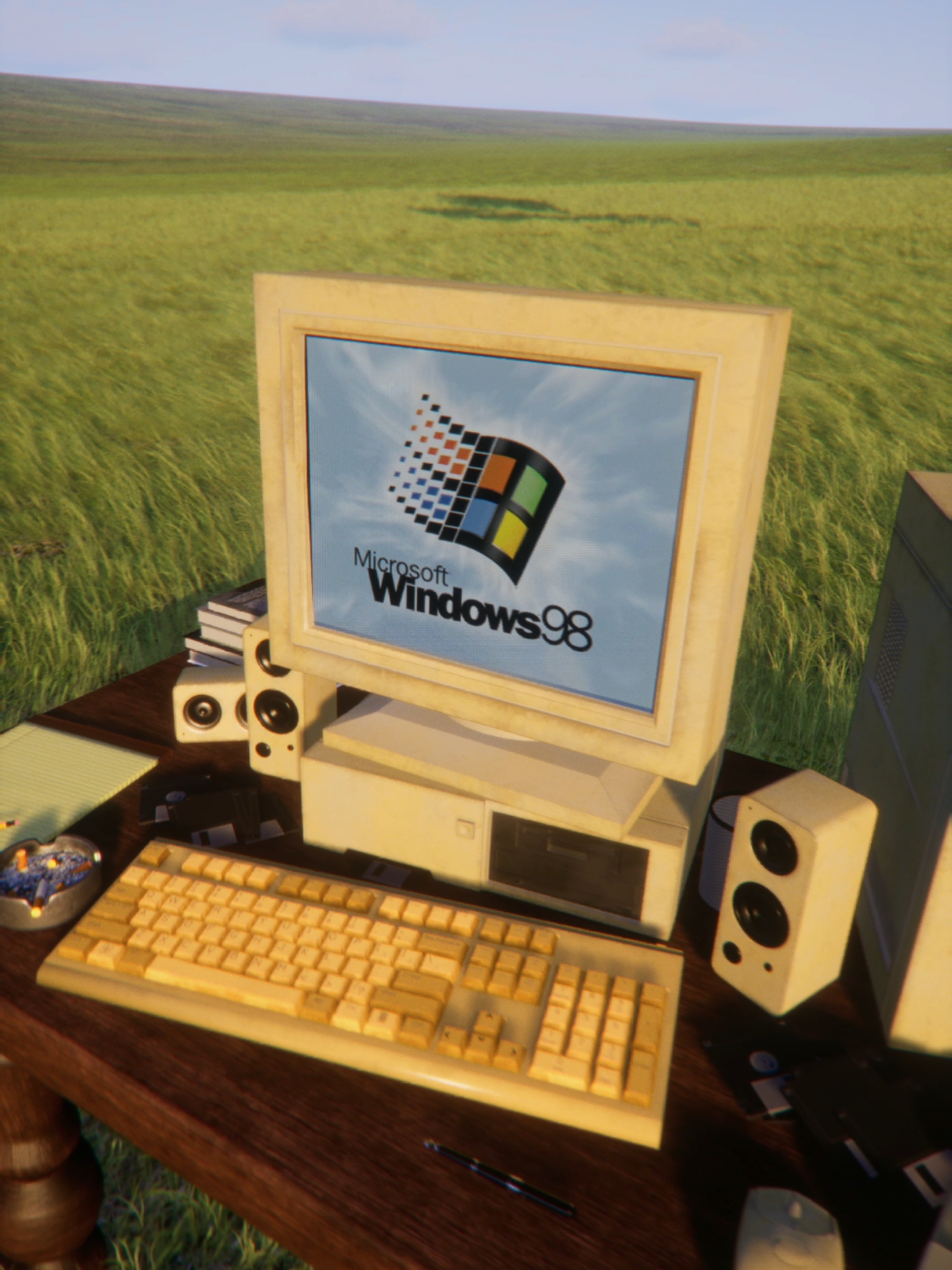 Found the real Windows 98 field! It’s all bliss… until the screen goes blue 😂💻🌌  CGI by Olivervisualfx  #win98 #windows #windowsxp #keyboard #nostalgic #90s #ue5 #vintage #windows95 #retrocomputer #2000s #bluescreen