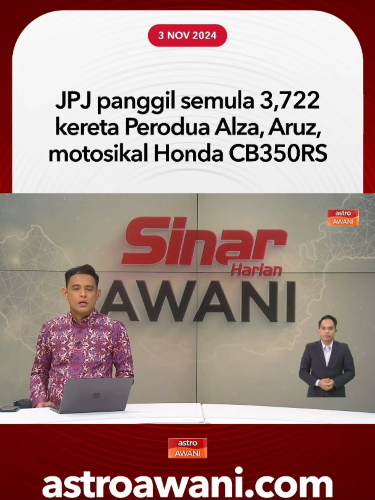 Jabatan Pengangkutan Jalan (JPJ) memanggil semula 3,722 kenderaan Perodua Alza, Aruz dan motosikal Honda CB350RS keluaran 2024, kerana tidak mematuhi peraturan spesifikasi ditetapkan. #AWANInews