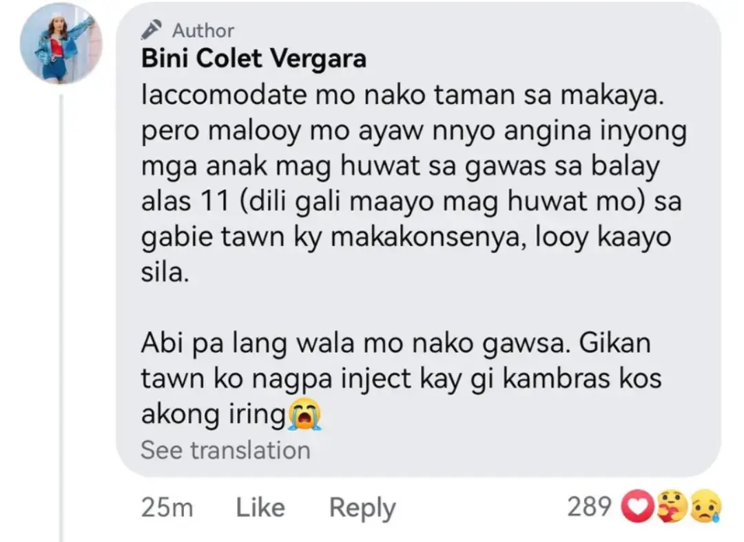 “e aaccommodate ko lahat hanggang sa makakaya ko. Pero please maawa kayo, wag niyo idahilan anak niyo para mag antay sa labas hanggang 11 ng gabi kase nakaka-konsensya, nakakaawa sila. Baka akalain nilang di ako lumabas. Galing ako nagpa inject kase na scratch ako ng pusa nami” #BiniColet #ColetVergara #BINI #BINI_ph #fyp ©️ aiahbonny(X)