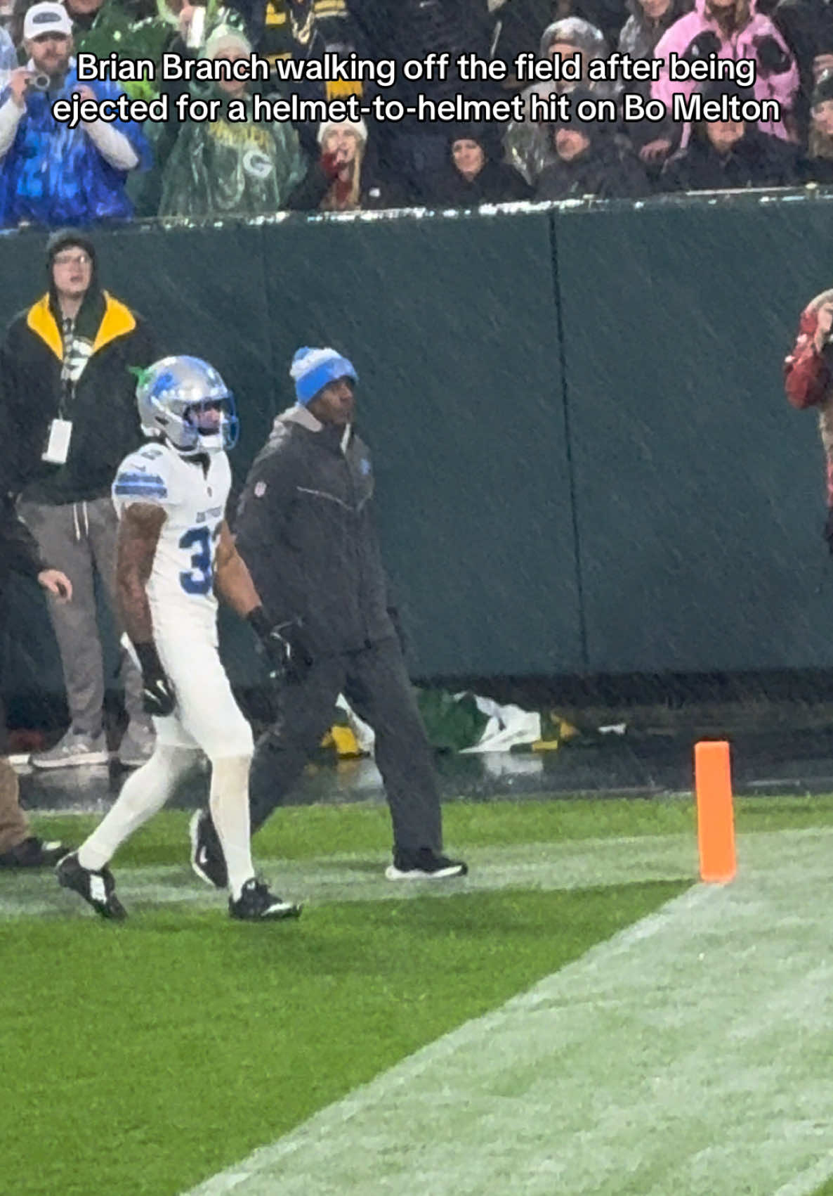 Brian Branch walked off the field upset after being ejected for a helmet-to-helmet hit on Bo Melton #DETvsGB #detroitlions #greenbaypackers #nfl #football 