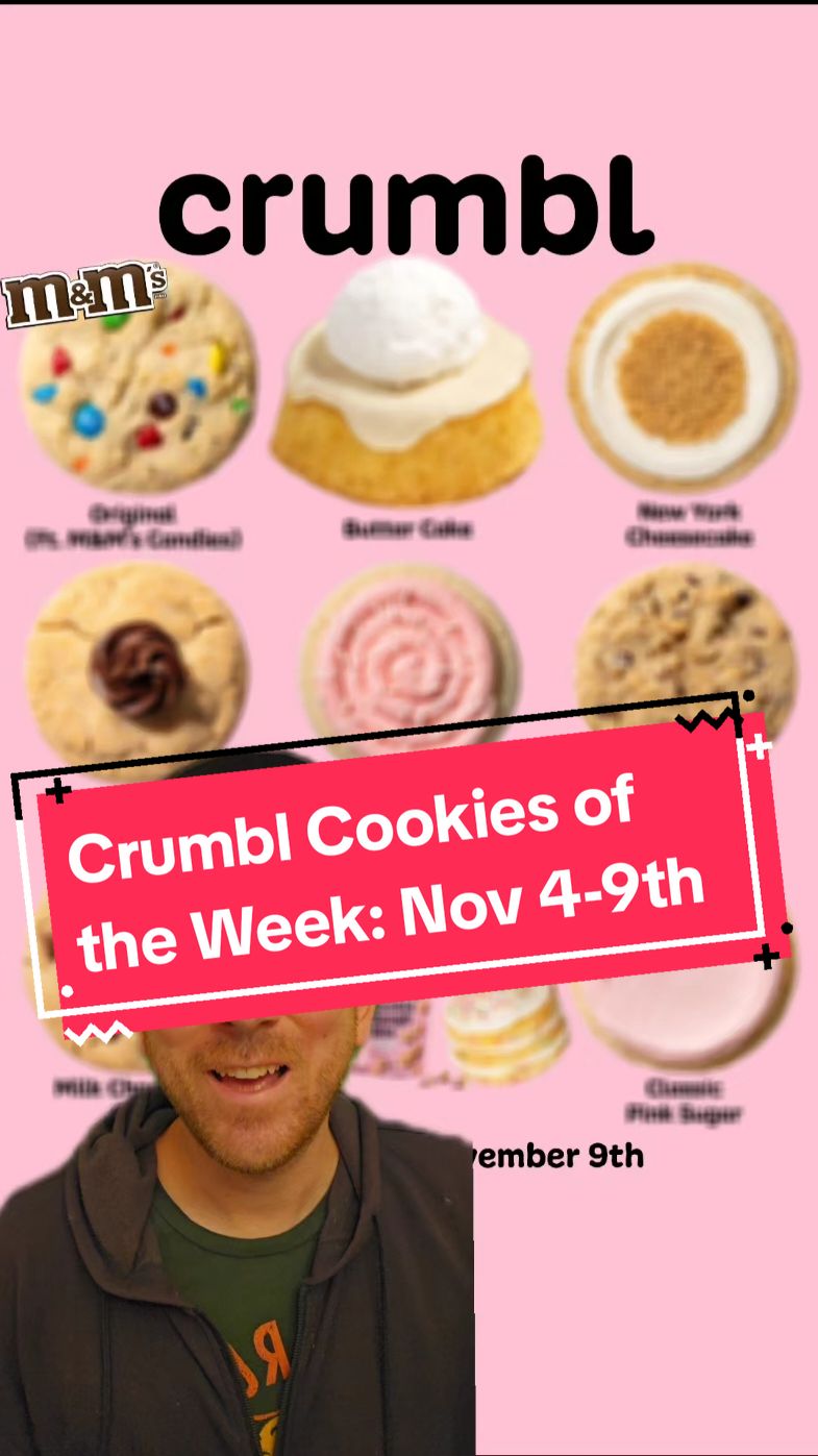 Crumbl just upped their lineup to EIGHT items per week with a dessert, seven cookie options, mini cookies, and celebration cakes: Butter Cake ($.99 upcharge): A warm, gooey butter cake baked with a crunch of sugar crystals, then topped with a delectable buttery glaze and a smooth vanilla bean whipped cream. Strawberry Cupcake: A vanilla cupcake cookie with a heavenly swirl of strawberry cream cheese frosting and a splash of white sprinkles. New York Cheesecake: Inspired by the Big Apple—a chilly cheesecake cookie complete with a buttery graham base, vanilla cream cheese frosting, and a graham cracker crust streusel. Original (ft. M&M's Candies): The tried-and-true cookie packed with sweet and crispy M&M’s® Candies. Oatmeal Raisin: An iconic staple—a chunky oatmeal cookie bursting with sweet, delicious raisins. Peanut Butter Blossom: An iconic peanut butter cookie rolled in white sugar and decorated with a rich swoop of fudge frosting. Classic Pink Sugar: An all-time favorite—a vanilla sugar cookie topped with a perfect pink swoop of real almond frosting (now containing real almond extract). Milk Chocolate Chip: The classic—you can't go wrong. Thick, soft, and packed with milk chocolate chips. Which @crumblcookies flavors do you want to try this week? #crumbl #crumblcookies #crumblcookiesoftheweek #crumblecookies #cookierun #cookietok #cookies #cookie #sweets 