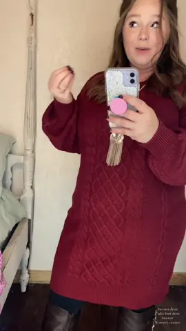 I really like the length on this sweater dress and the sleeves. I would definitely size up at least one size in this. #sweaterdress #sweater #cableknit #dress #womensfashion #sweaterweather #christmassweater #tiktokshopblackfriday #tiktokshopcybermonday #tiktokshopholidayhaul 