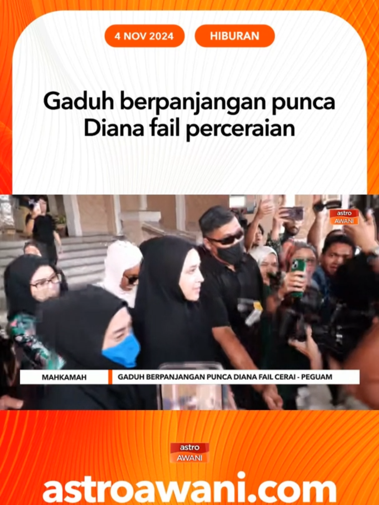 Mahkamah Rendah Syariah Wilayah Persekutuan Kuala Lumpur, hari ini menetapkan 20 November ini bagi tarikh sebutan permohonan rujuk yang belum didaftarkan dan sebutan perceraian kali kedua membabitkan pasangan selebriti Farid Kamil dan Diana Danielle. #AWANInews