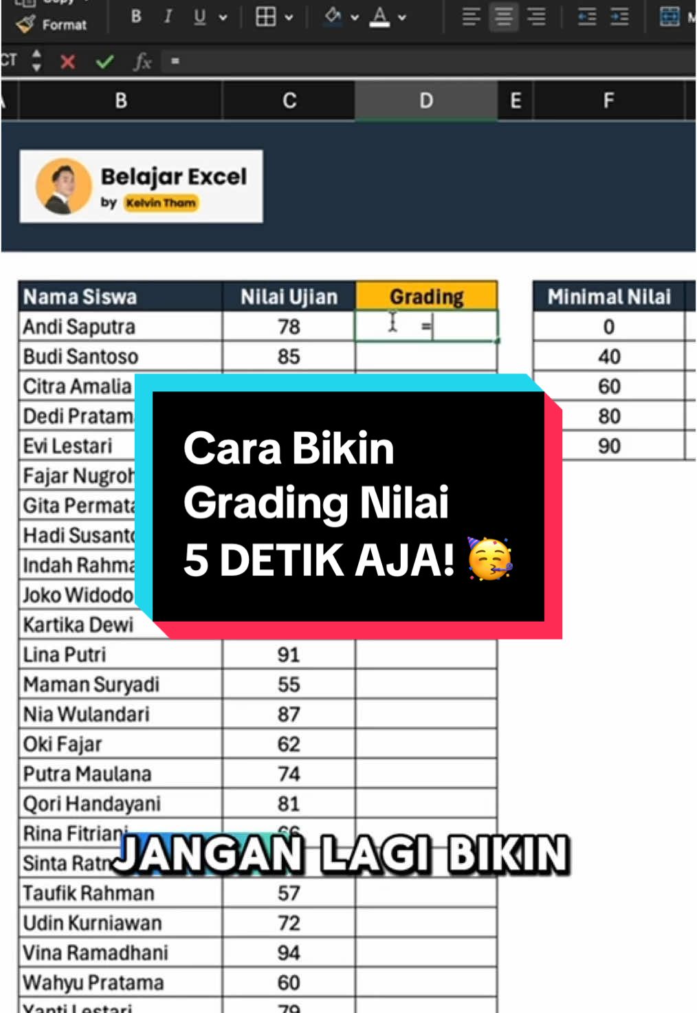 Rumus simpel, hasil super. Thanks Lookup di Excel! 🥳 #BelajarExcel #TrikExcel #ExcelPemula #MicrosoftExcel #BikinGrading #Lookup #Kelvintham27 