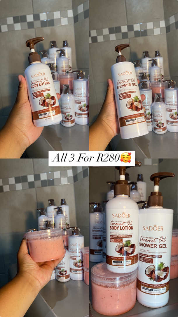 Dm to order😍 They smell devine🥰 For only R280  Face and body scrub🌸 Coconut oil shower gel🌸 Coconut oil body lotion🌸