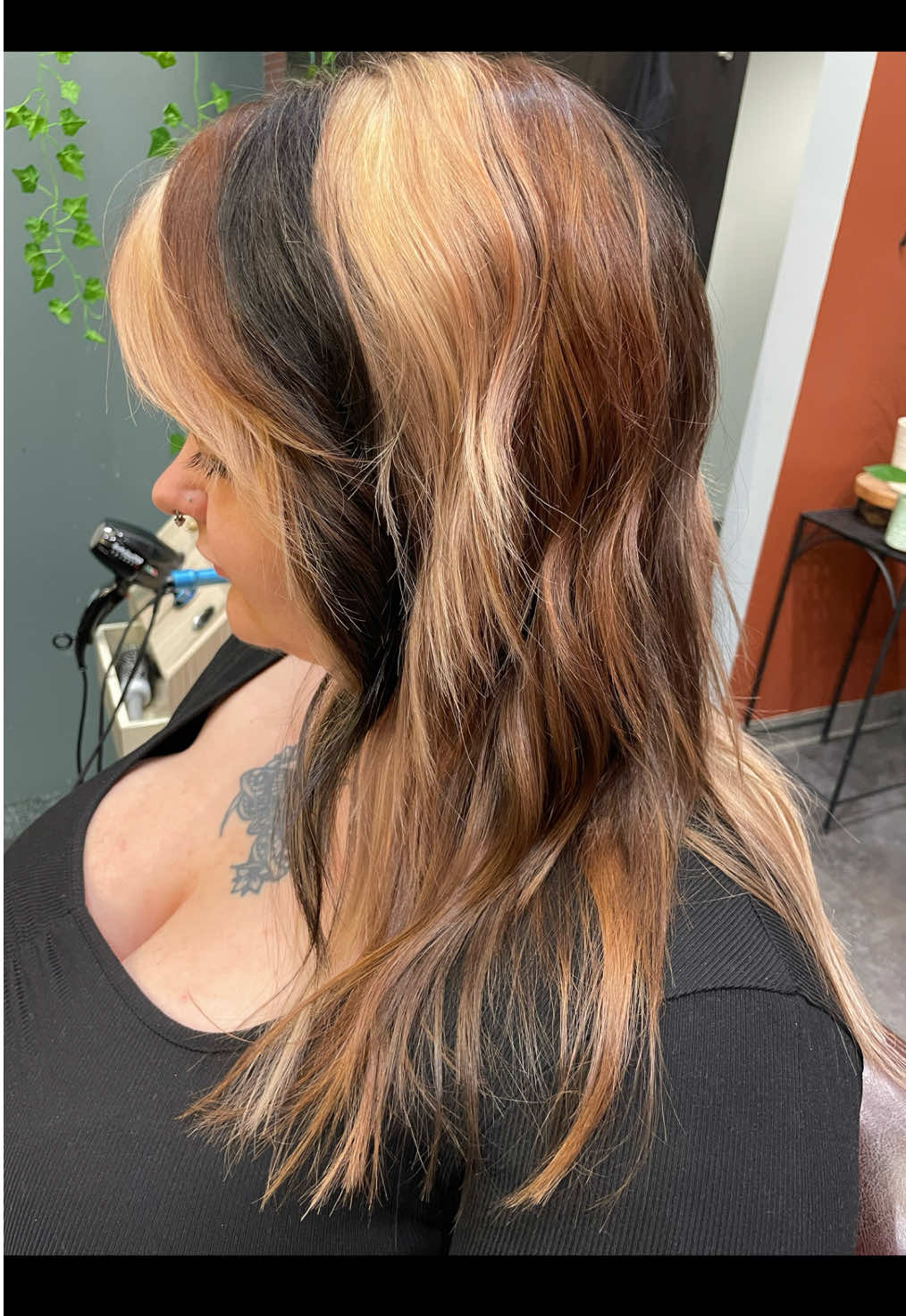 When im jealous of my clients hair 😭🤩😍👌✨👏 #calicohair #calicocat #hairinspo #hairstylistsoftiktok #hairgoals #shaghaircut #wolfcuthair #colorblocking #colorblockhair #fashioncolor 