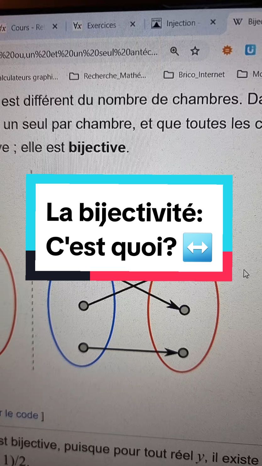 Réponse à @abdel.bct0 Une fonction f:X→Y est dite bijective si elle est injective et surjective. C'est à dire que deux éléments distincts de l'ensemble de départ ont toujours deux images par f distinctes dans l'ensemble d'arrivée et que chaque élément de l'ensemble d'arrivée admet un antécédent. Une autre façon de formuler cette définition est de dire que, pour tout y∈Y, l'équation y=f(x) admet toujours exactement une solution. L'injectivité 👉@AlgèBrille Exceller en maths🔥  La surjectivité 👉@AlgèBrille Exceller en maths🔥  Cantor et les infinis @AlgèBrille Exceller en maths🔥  #algebra #ensemble #maths #prepa #logique #raisonnementlogique 