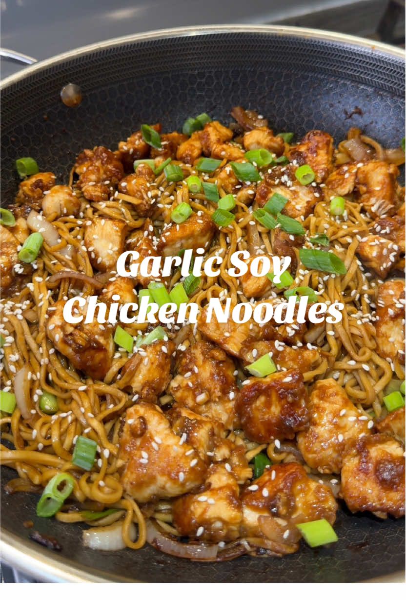 GARLIC SOY CHICKEN NOODLES  Ingredients for two people: For the chicken  - 350g diced chicken breast    - 1tbsp rice wine  - 2tbsp soy sauce  - tsp garlic granules  - 2 tbsp cornflour   For the sauce: - 1 diced onion  - 2 sliced spring onion  - 2 nests of dried noodles  - 4tbsp soy sauce  - 2tbsp dark soy sauce  - 1tbsp balsamic  - 1tbsp sesame oil - Tiny pinch of five spice  - 1/2 tsp white pepper  - 3 crushed garlic cloves  - Spring onions / sesame seeds for serving  I have so many meals and recipes like this coming to  my meal plans, the link for these are in my bio. There are over 500 guides with recipe cards, meal plans & shopping lists all available for you to choose from! Use code TIKTOK20 for 20% off your first two months • • #garlicnoodles #chickennoodles #soychicken #noodlebowl #proteindinner #weeknightmeals #healthyrecipes   #EasyRecipes #healthydinnerrecipes  #backontrack #ukfoodie #weightloss #foodblog 