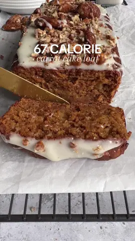 Full recipe for the 67 calorie carrot cake loaf 🥕🧁👇 Macros per slice: 67 calories  22g carbs  3.6g protein  1g fat  Ingredients: * 1 egg * 100 g fat-free yogurt * 100 g 0 calorie brown sugar * 50 g unsweetened applesauce * 1 tsp vanilla * 130 g self-raising flour* * 1 tsp baking powder * 1½ tsp ground cinnamon * 1 tsp ground ginger * ½ tsp ground nutmeg * ¼ tsp ground cloves * 85 g shredded carrot Glaze: * 50 g Philadelphia lightest* * 25 g 0 calorie powdered sugar * ½ tsp vanilla Instructions: 1. Pre-heat oven to 180ºC (356ºF).  2. In a medium bowl, whisk the egg until fluffy. Whisk in the 0 calorie brown sugar until combined.	 3. Add the yogurt, applesauce and vanilla and whisk again until well combined.  4. Add the flour, baking powder and spiced and whisk to combine. Fold in the shredded carrot. 5. Transfer the batter to a 9-inch loaf tin lined with parchment paper and bake for 45-55 minutes, checking every five minutes once it has been in the oven for 40. Cool on a cooling rack.  6. Make the cream cheese glaze by mixing together the cream cheese, vanilla and 0 calorie powdered sugar until smooth. 7. Allow the loaf to cool completely before adding the glaze and topping with crushed pecans. 8. Slice and enjoy!
