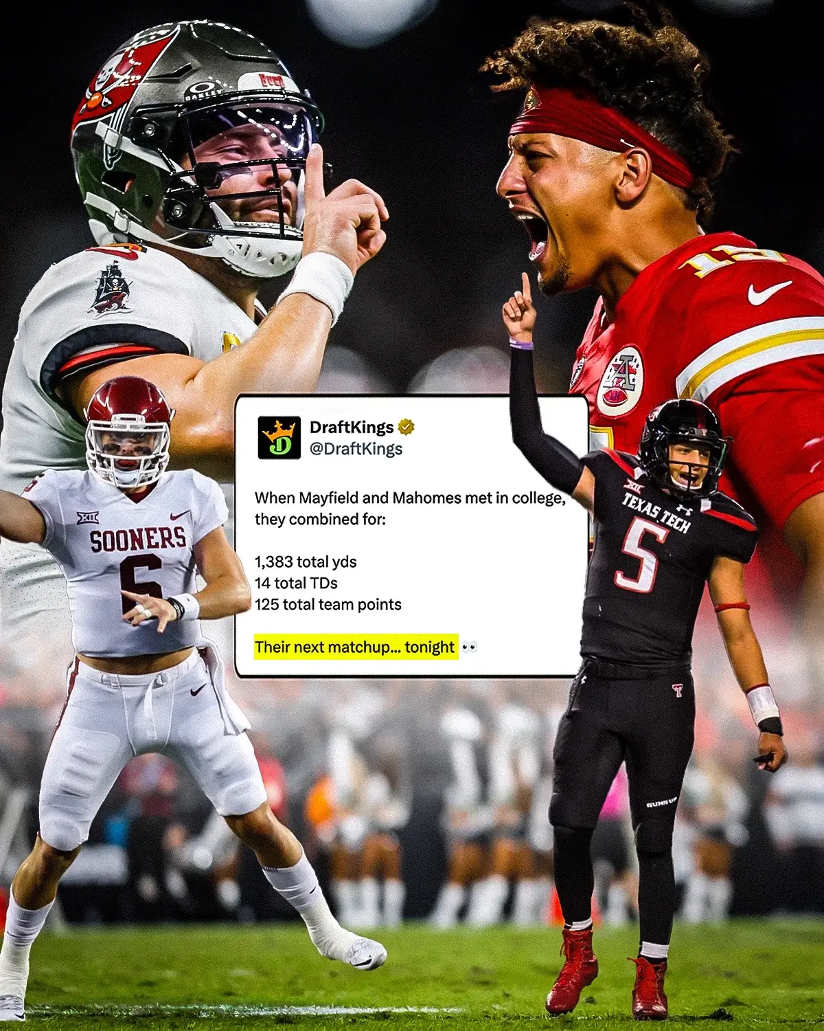 Patrick Mahomes and Baker Mayfield combined for 14 total TDs when they faced off in college… will tonight’s game be another high-scoring affair? 🤔 #bakermayfield #patrickmahomes #mahomes #chiefs #buccaneers #nfl #football #oklahoma #texastech