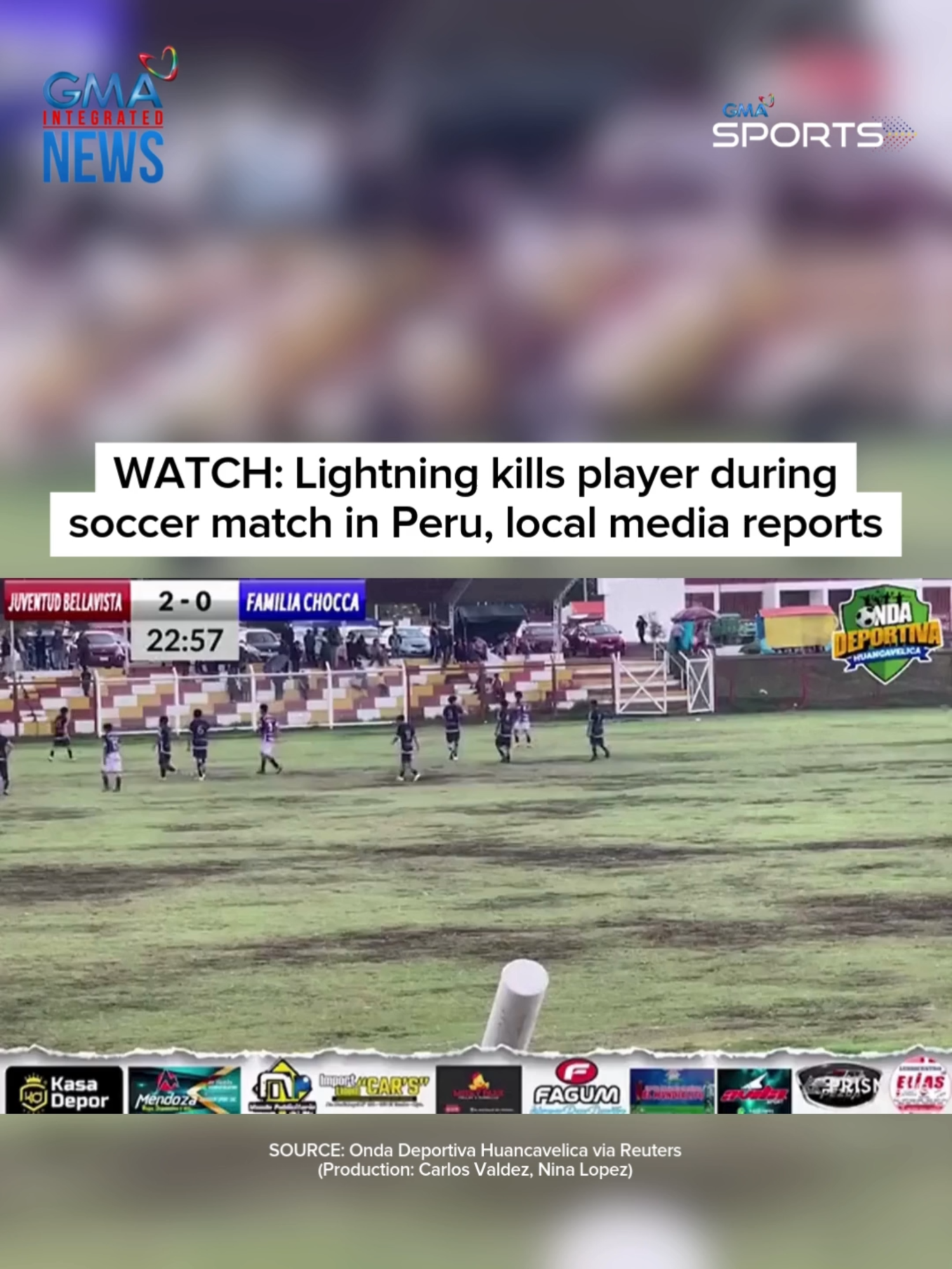 WATCH: Lightning kills player during soccer match in Peru, local media reports A Peruvian local league soccer player from Familia Chocca team was killed by a lightning strike on Sunday (November 3) during a match in Huancayo, according to Peruvian state news agency Andina. The match had been suspended due to a thunderstorm, but as players were exiting the field, lightning struck player Hugo de la Cruz Meza, 39, also injuring four other players, Andina said. Source: Onda Deportiva Huancavelica via Reuters (Production: Carlos Valdez, Nina Lopez)