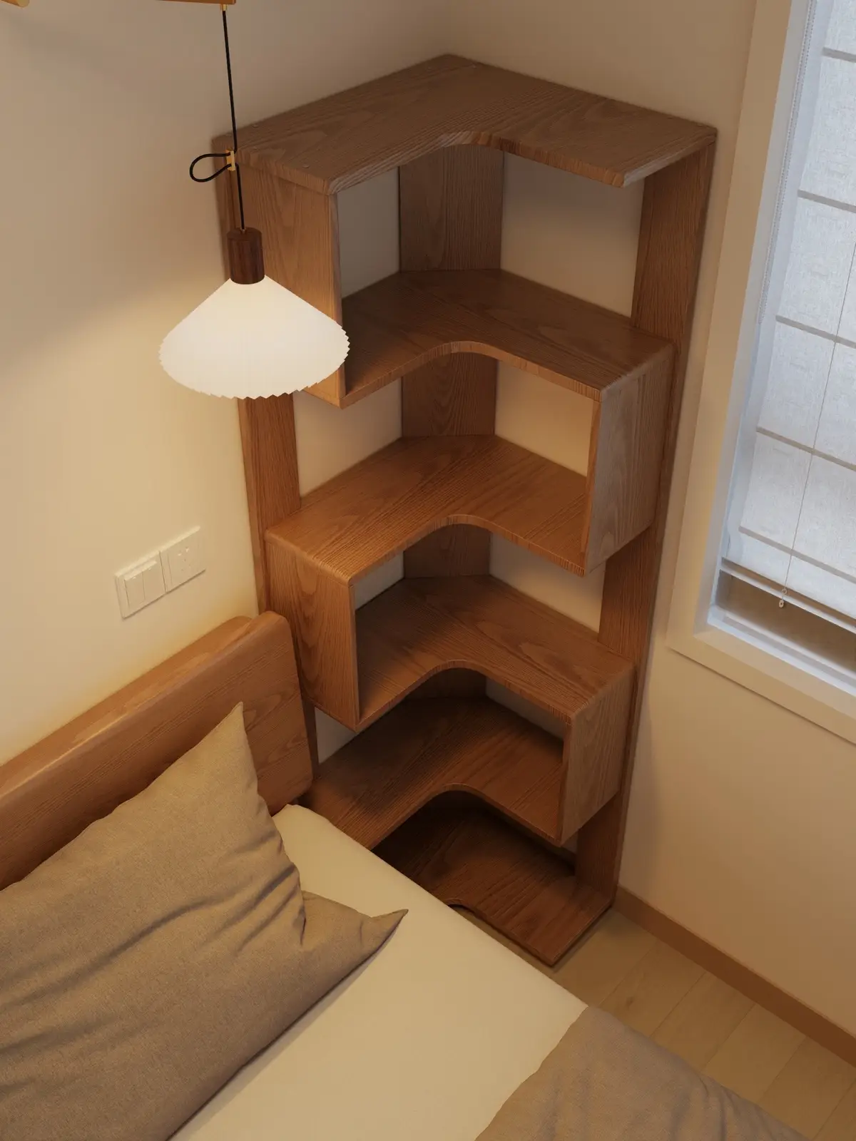 Oh my gosh, this corner bookshelf is the perfect replacement for my nightstand! The storage is amazing.  #Bookshelf #Nightstand #SmallSpaceStorage