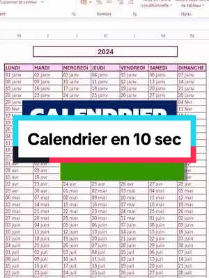 📆 Apprends à créer un calendrier avec une formule Excel combinée qui comprend 3 fonctions ! Un tuto Excel signé Mes Tutos Excel ! 📐 Tu sélectionnes 5 cellules 🔗 Tu les fusionnes 🎨 Et tu appliques ce format : Bordures épaisses, Police 16, Style Gras, et centré verticalement et horizontalement 📅 Ensuite, tu insères dans la cellule fusionnée l’année concernée 📆 Puis en dessous, tu crées des en-têtes de colonnes comprenant les 7 jours de la semaine 🖋️ Juste en dessous du lundi, tu écris cette formule : =SEQUENCE(53;7;DATE(Cellule contenant l’année;1;1)-JOURSEM(DATE(Cellule contenant l’année;1;1);2)+1) ✅ Tu appuies sur Entrée 🎉 Et ton calendrier est créé ! 📊 Tu sélectionnes la plage contenant tes dates 🔽 Dans l’onglet Accueil, dans le groupe d’outils Nombre, tu cliques sur la petite flèche 🎛️ Tu vas dans Personnalisée 🖋️ Et dans Type, tu écris ce format : jj mmm ✅ Tu cliques sur OK 💡 Et ton calendrier est terminé ! 🎨 Tu n’as plus qu’à le mettre en forme selon tes goûts 💫 Et le tour est joué ! 👍 C’est pratique hein ! 📲 Clique sur le lien dans ma bio pour plus d’astuces et de conseils sur Excel ! #excel #exceltips #apprendreexcel #formationexcel