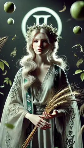 Part 6 - Live wallpaper - Virgon A hyperrealistic, vertical portrait of Virgo as a serene, mythical figure embodying nature, purity, and the harvest. This gender-ambiguous figure has long, flowing hair adorned with a delicate crown of flowers and leaves. They wear elegant, intricately embroidered robes with green and silver details, symbolizing wisdom and the nurturing qualities of Virgo. In their hands, they hold a bundle of wheat, representing abundance and care. Their calm, thoughtful expression exudes purity and grace. Surrounding them are floating leaves and apples, softly illuminated to create an earthy, mystical atmosphere. The dark background enhances the subtle glow around.