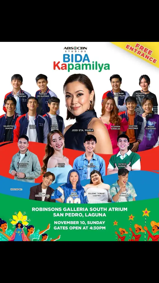 BIDA KA, LAGUNA! ❤️💚💙   Maghanda na sa pagdating ng #LavenderFields star na si Ms. Jodi Sta. Maria kasama  ng #PamilyaSagrado at sina #PBBGen11 Big Winner Fyang Smith & ex-housemates! Ngayong November 10, Sunday Kitakits Kapamilya!