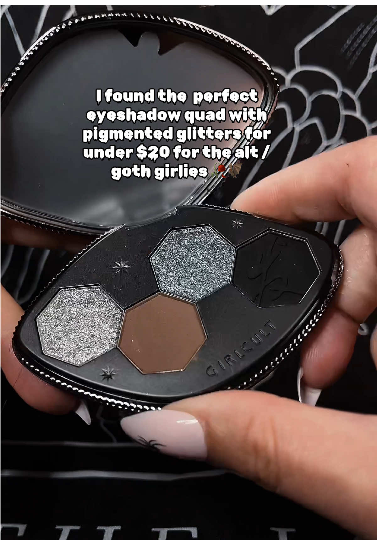 The perfect eyeshadow quad under $20 for the alt / goth girlies 🥀🦇 I am absolutely in love with this quad from @Girlcult Cosmetics ! If you’re looking for a super simple palette for an easy grungey / goth makeup look this is it!  #girlcultcosmetics #eyeshadowquad #eyeshadowpalette #grungemakeup #grungeeyeshadow #gothmakeup #gotheyeshadowpalette #altmakeup #affordablebeautyfinds 