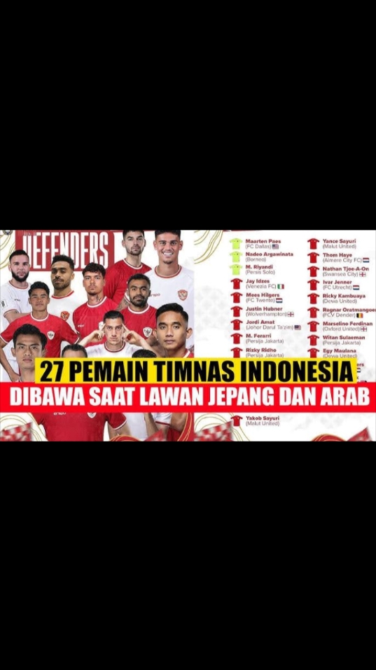 27 pemain Indonesia yg akan melawan jepang🔥🔥🔥 #infotimnasindonesia #timnasindonesia🇮🇩 #garudaindonesia #kualifikasipialadunia2026 #jadwalbola #timnas #viralvideo #viraltiktok #bolasepak #kualifikasipialadunia 