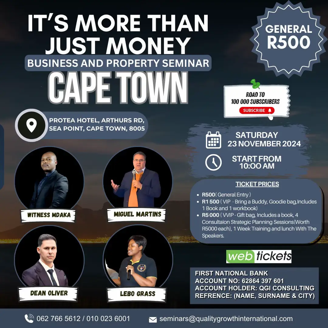 Cape Town, get ready! Join us for the It’s More Than Just Money Business and Property Seminar on 23 November 2024 at Protea Hotel, Sea Point. Discover insights from industry experts Witness Mdaka, Miguel Martins, Dean Oliver, and Lebo Grass. 🌟 This is your opportunity to learn, network, and take your business to the next level. Limited early bird tickets are available, so don’t miss out! 🔗 Secure your spot today via Webtickets and let’s pave the road to financial success together! #ItsMoreThanJustMoney #BusinessSeminar #PropertyInvesting #CapeTownEvents #FinancialFreedom #NetworkingOpportunities”