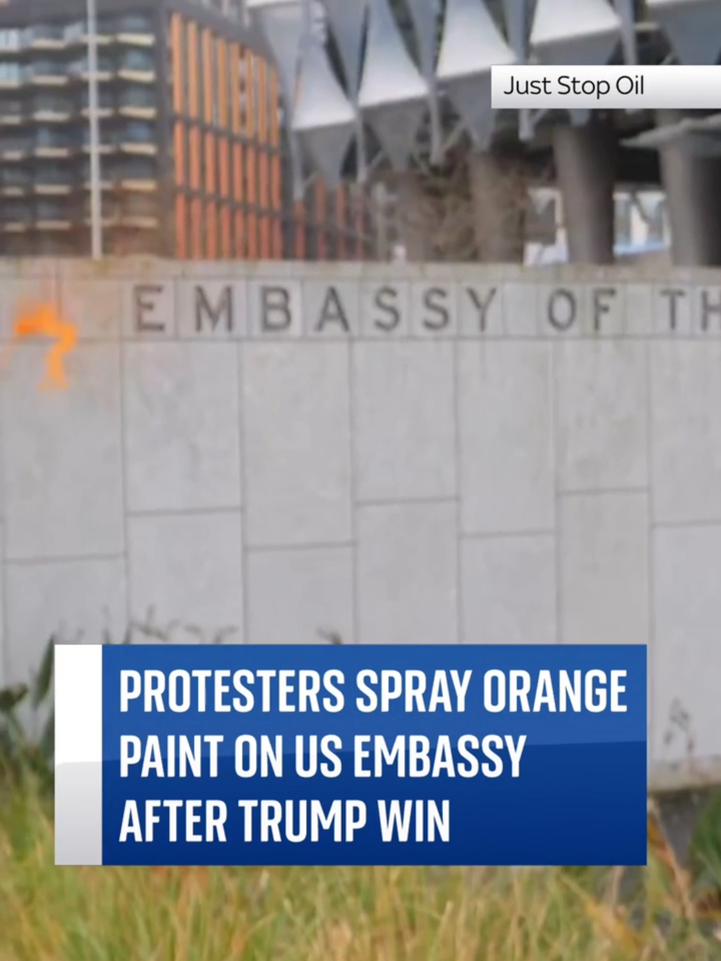 Two people from #JustStopOil were arrested for spraying orange paint on the outside of the #US embassy in #London. #DonaldTrump has been elected the 47th president of the United States. #SkyNews