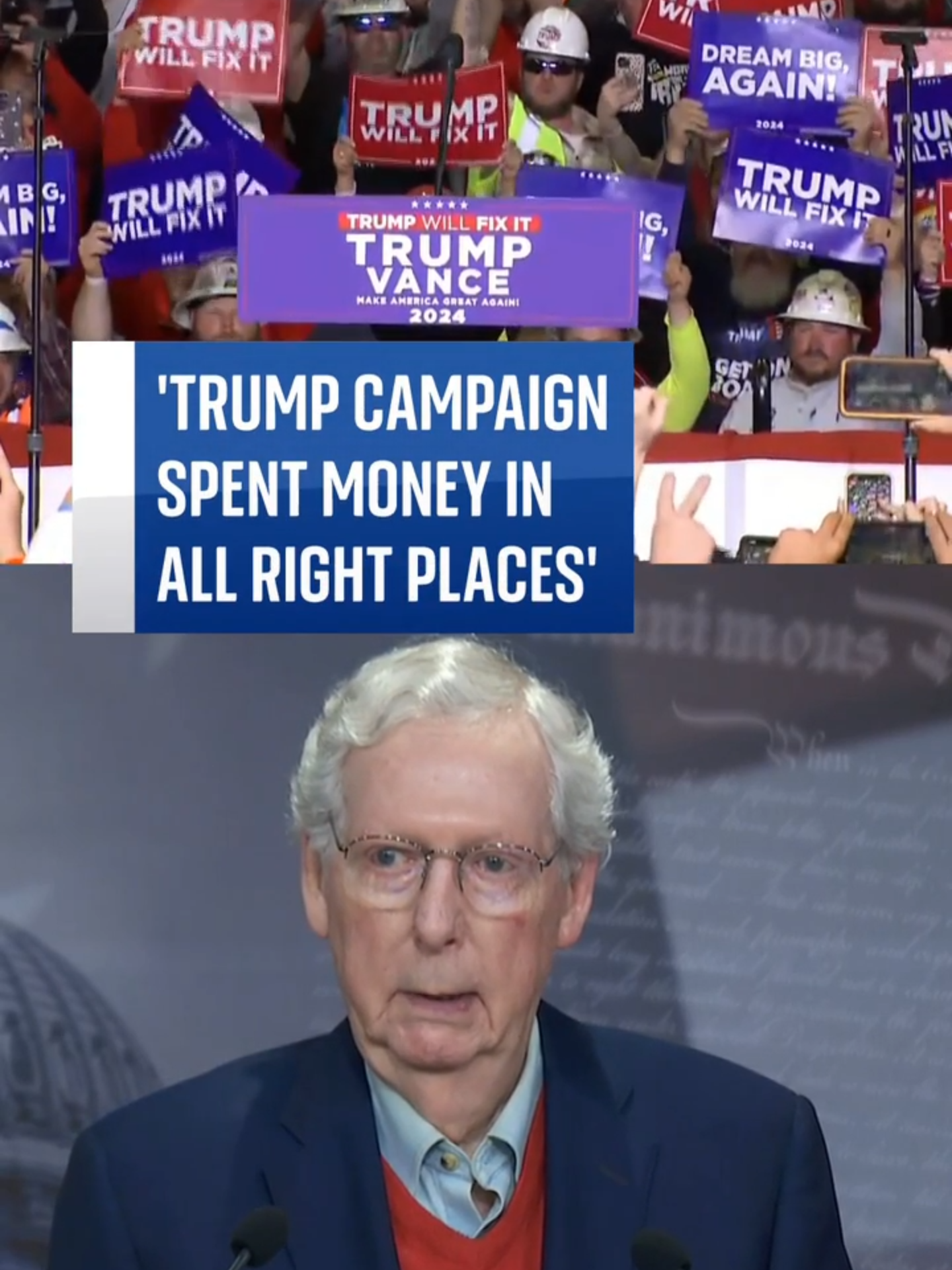 Mitch McConnell, the Republican Senate leader, outlines the money the Trump campaign spent in different states.  'They made decisions to invest in all the right places,' he says