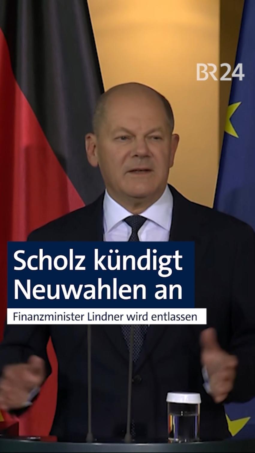 Ampel-Aus: Bundeskanzler Olaf Scholz will die Vertrauensfrage stellen. Und er hat Finanzminister Christian Lindner entlassen. Damit steuert Deutschland auf vorgezogene Neuwahlen zu. Bundeskanzler Scholz erklärte am Abend, Mitte Januar die Vertrauensfrage stellen zu wollen. Damit könnte im März ein neuer Bundestag gewählt werden. Zuvor hatte Scholz nach der Krisensitzung des Koalitionsausschusses Finanzminister und FDP-Chef Lindner entlassen. Zur Begründung sagte der Kanzler, Lindner habe zu oft sein Vertrauen gebrochen und parteitaktisch gehandelt. Lindner entgegnete in einer Erklärung, Scholz sei es nicht um eine tragfähige Einigung in der Koalition, sondern um einen kalkulierten Bruch gegangen. Er warf dem Kanzler vor, nicht die Kraft für einen wirtschaftlichen Aufbruch zu haben. Vizekanzler Habeck von den Grünen bezeichnete das Aus für die Koalition als unnötig, die Entlassung Lindners aber als folgerichtig. #Ampel #olafscholz #christianlindner #scholz #lindner #bundesregierung 